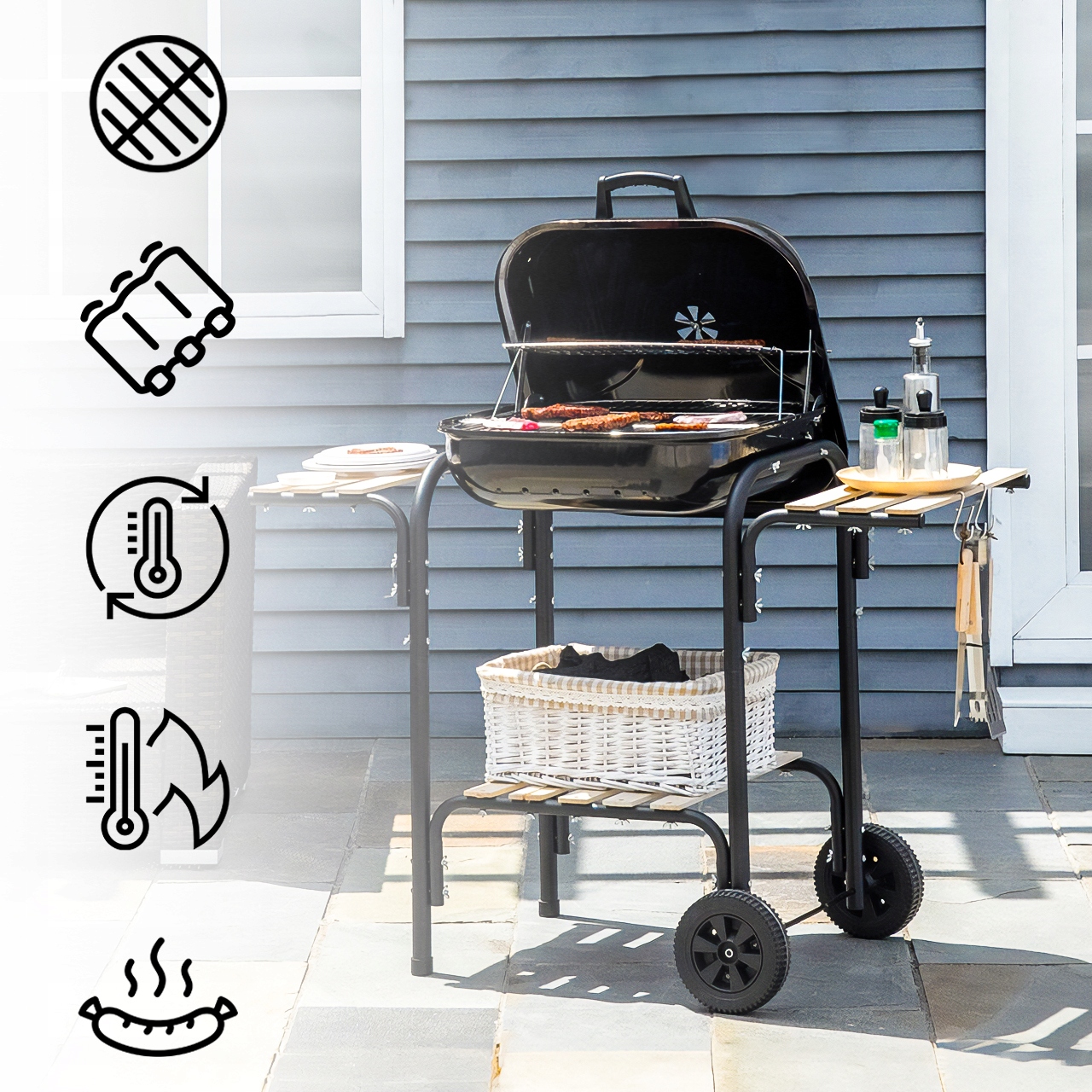 GRILL WĘGLOWY Z POKRYWĄ OGRODOWY DUŻY CHROMOWANY RUSZT PÓŁKI KÓŁKA DMUCHAWA Stan opakowania oryginalne