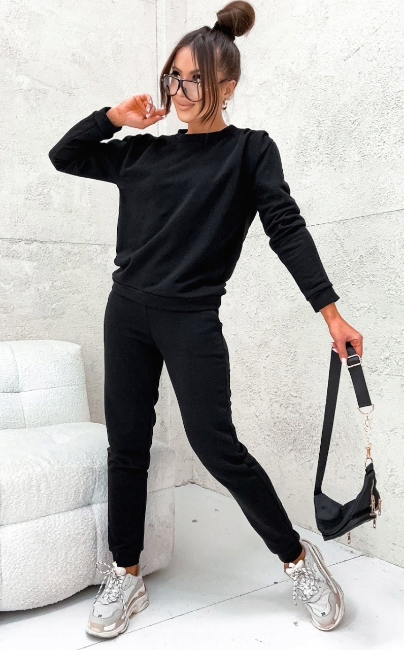 DRES DAMSKI BAWEŁNIANY KOMPLET DRESOWY Z MARSZCZENIEM POLSKI CZARNY S 36 Rozmiar S