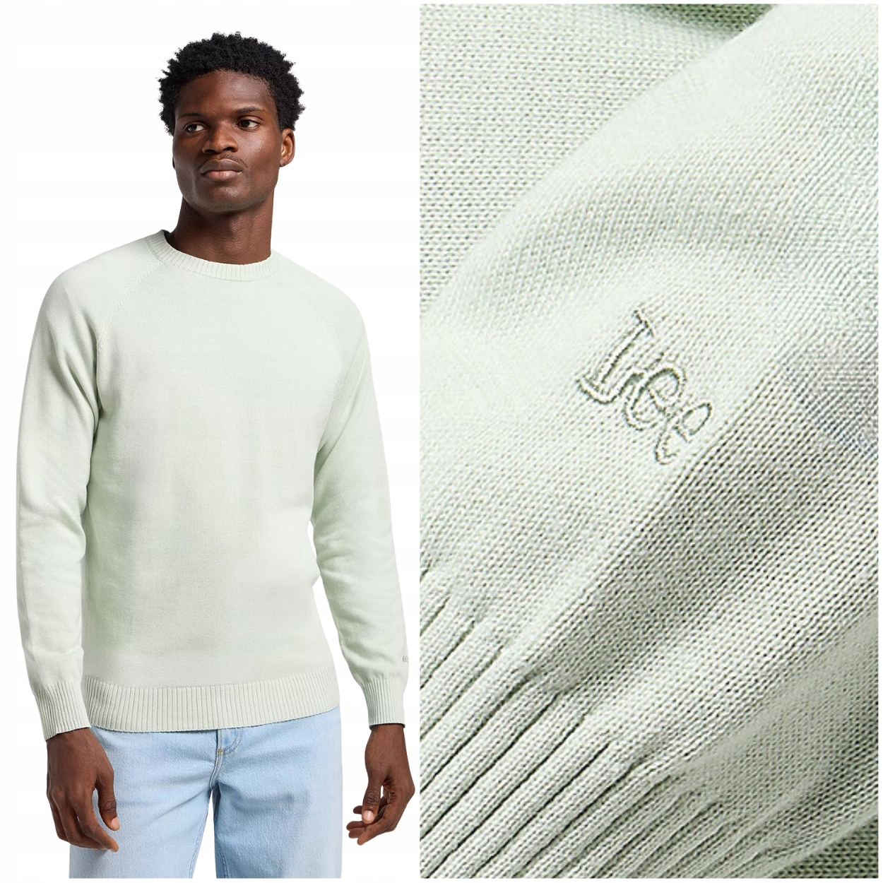 Lee Clean Raglan Sweater Soft Sage pastelově zelený bavlněný svetr střihu Slim Fit, velikost L