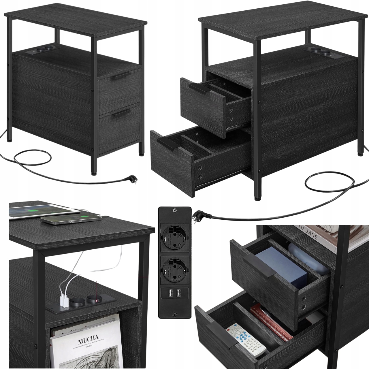 Nočná skrinka Čierna s Usb konektorom, 2 zásuvky, bočný stolík do obývačky Loft