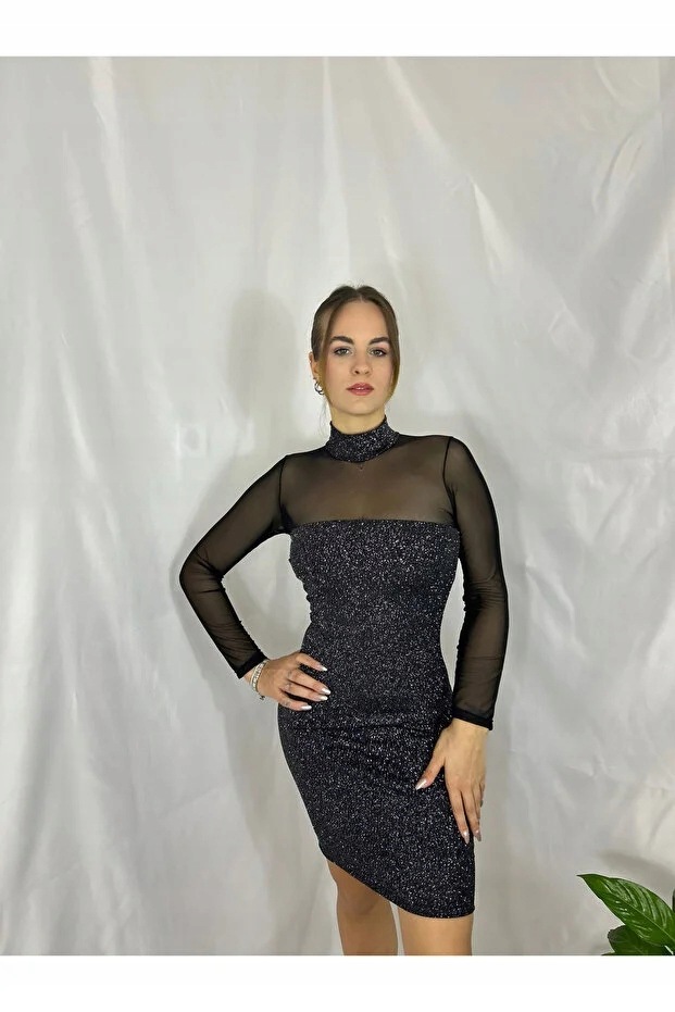 Černé Mini Šaty S Lesklou Texturou A Síťovaným Rolákem Xs 5IA