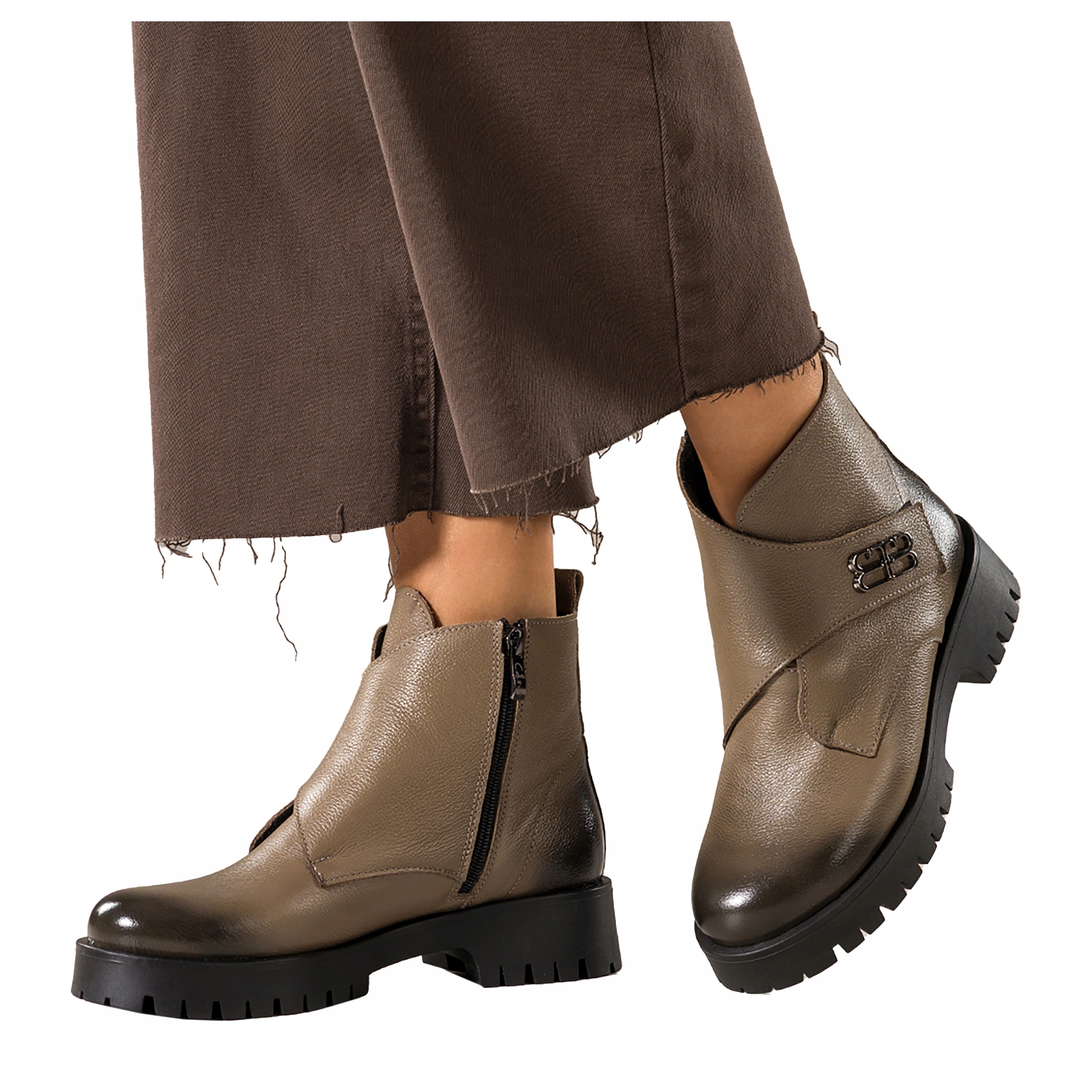 Kotníkové Boty Béžové Dámské Kožené Na Platformě Pohodlné S Ozdobou Modne r 39