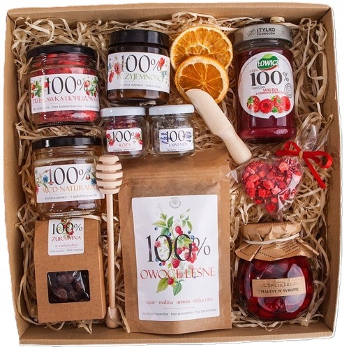 Zestaw Kosz prezentowy 100% zdrowia natury z naparem, miodem, owocami