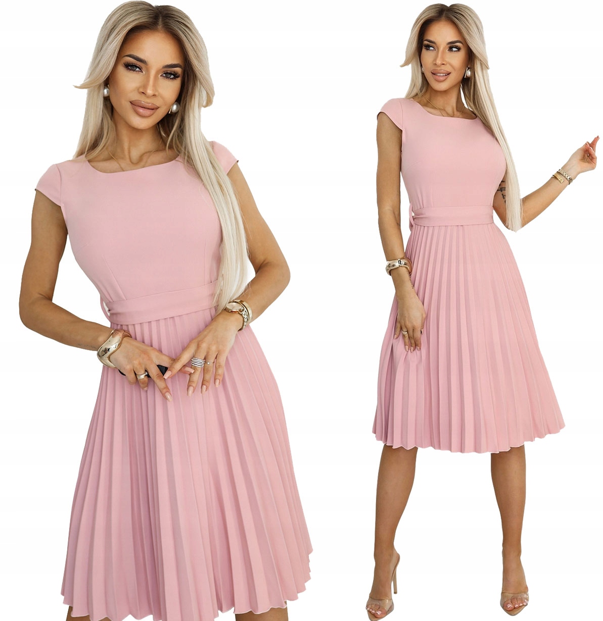 Elegantní Plisovaná Šaty S Páskem A Krátkým Rukávem Pudrová Růžová 2XL