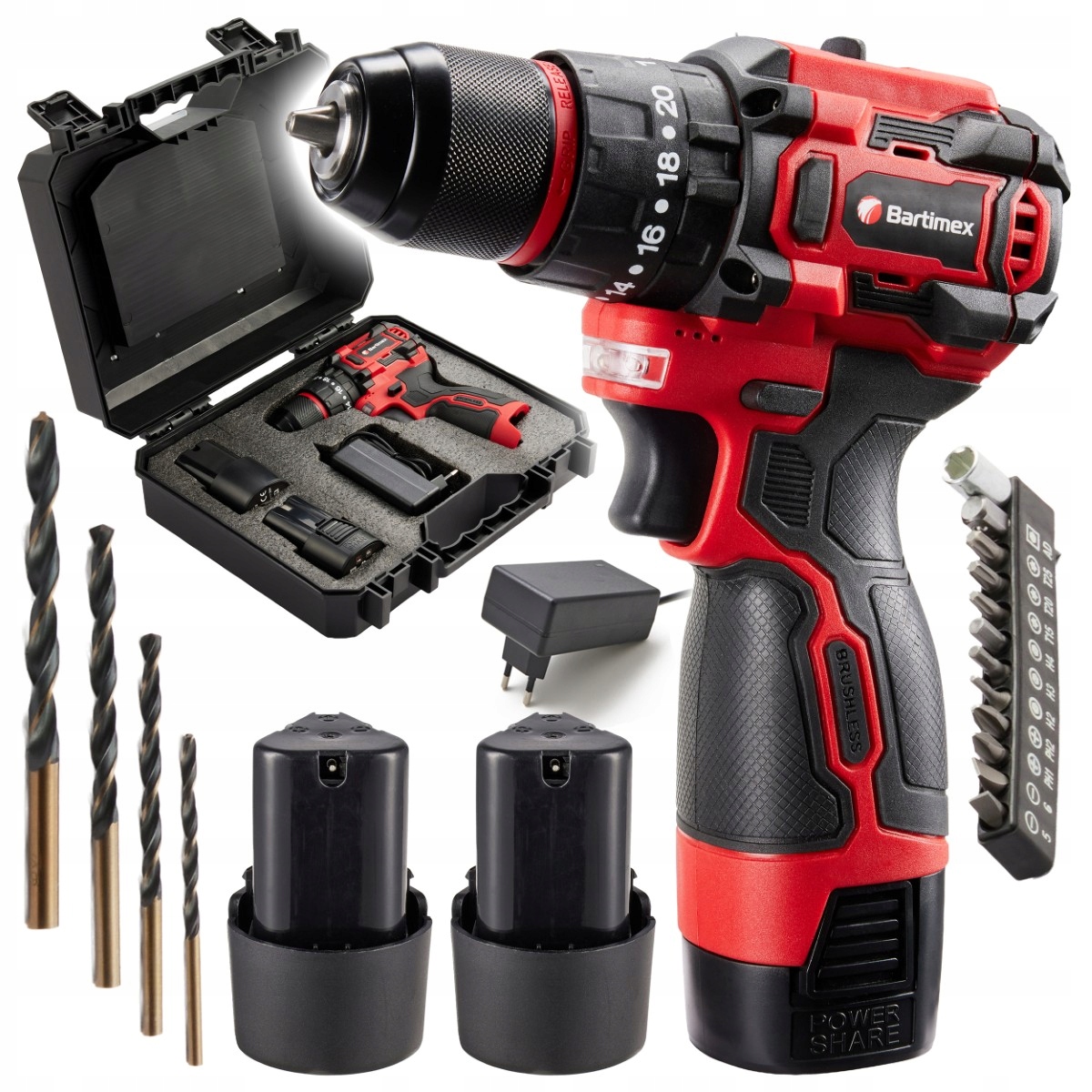 Wiertarko Wkrętarka Bezszczotkowa 16V 2x 2,0Ah Bity Wiertła Walizka Zestaw