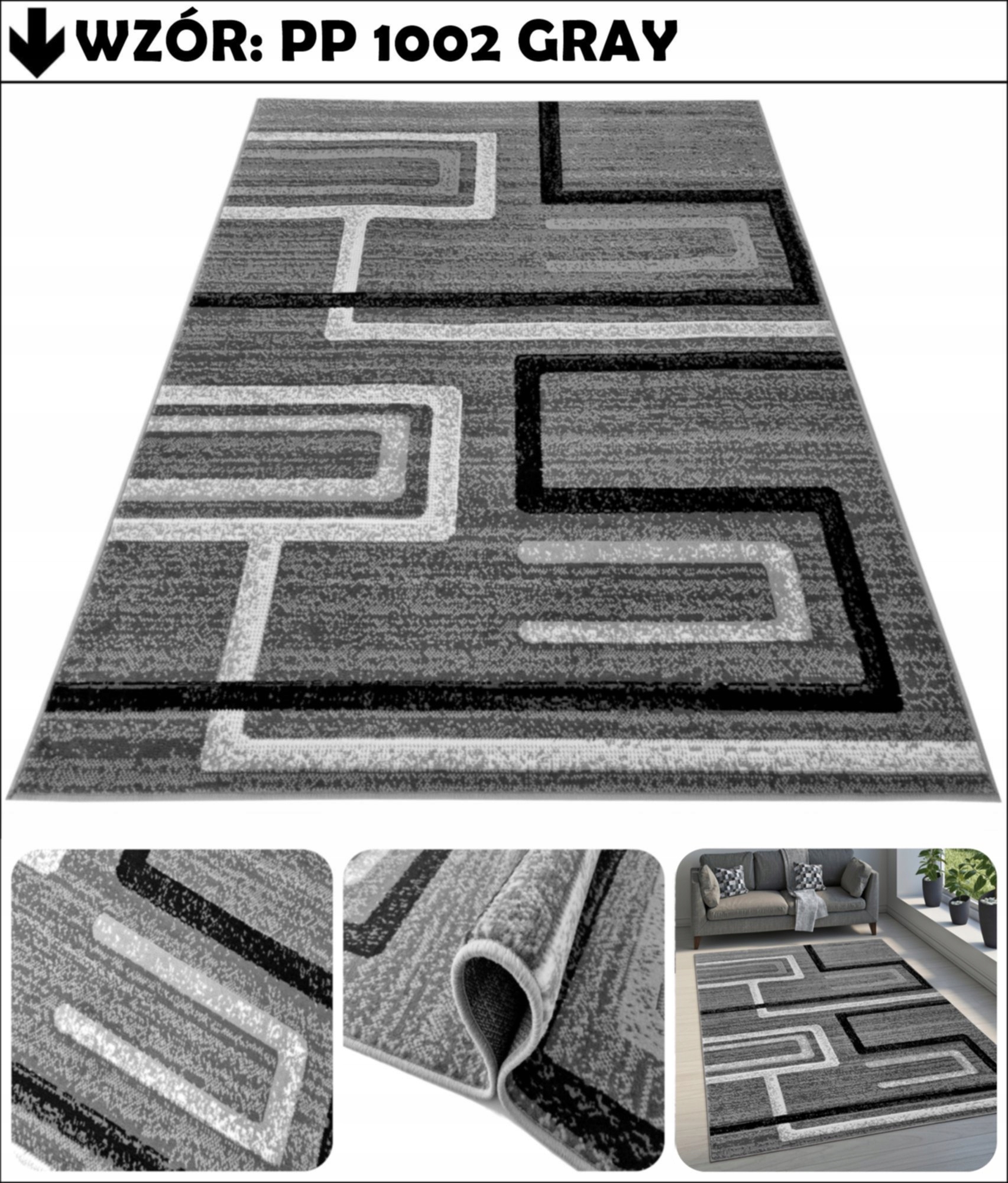 DYWAN 160X220 TKANY MIĘKKI SOLIDNY OBSZYTY SZARY PRAKTYCZNY BCF MIX WZORÓW Grubość 10 mm