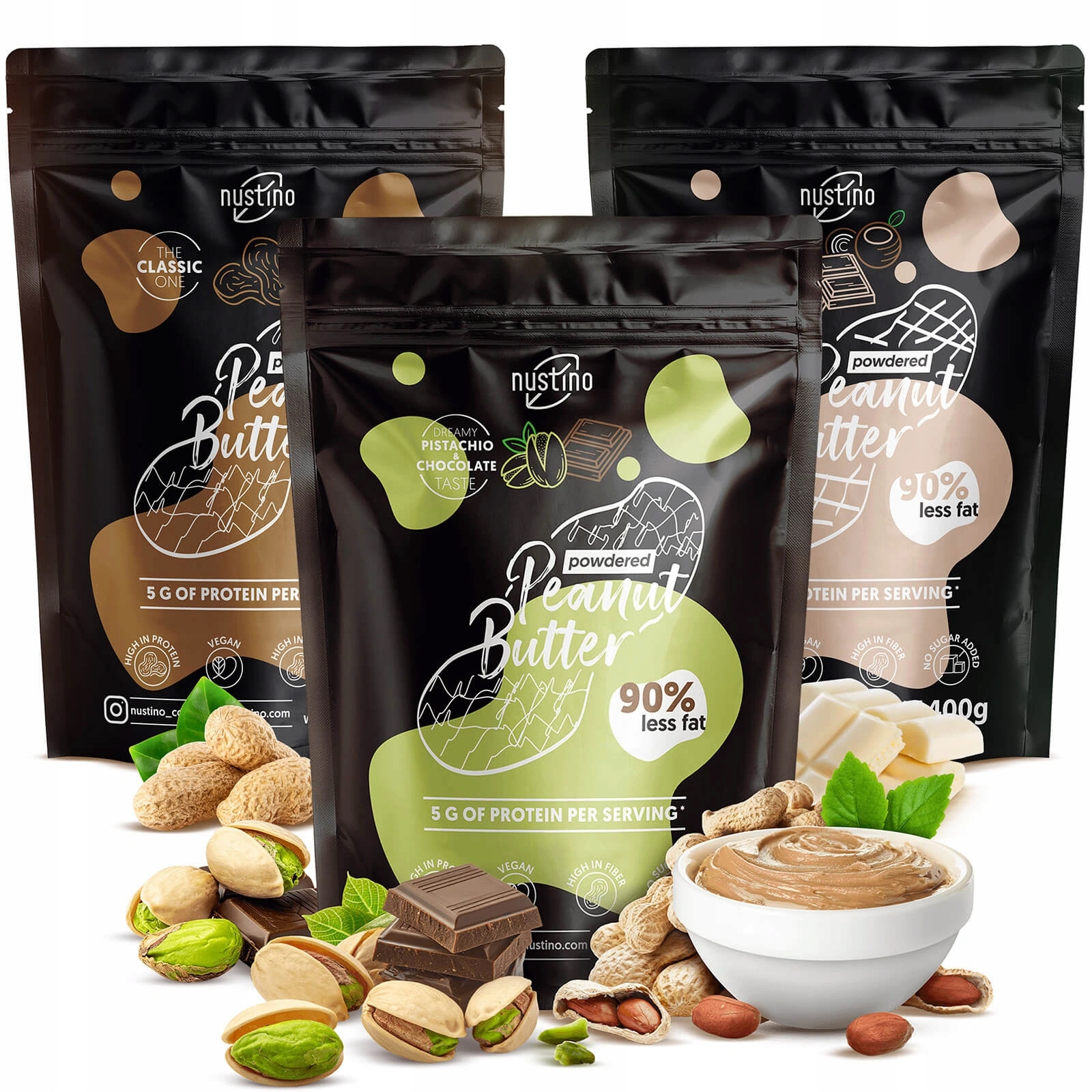 Levně Sada Arašídový Krém Prášek Nustino 3 x 400 g bez přidaného cukru