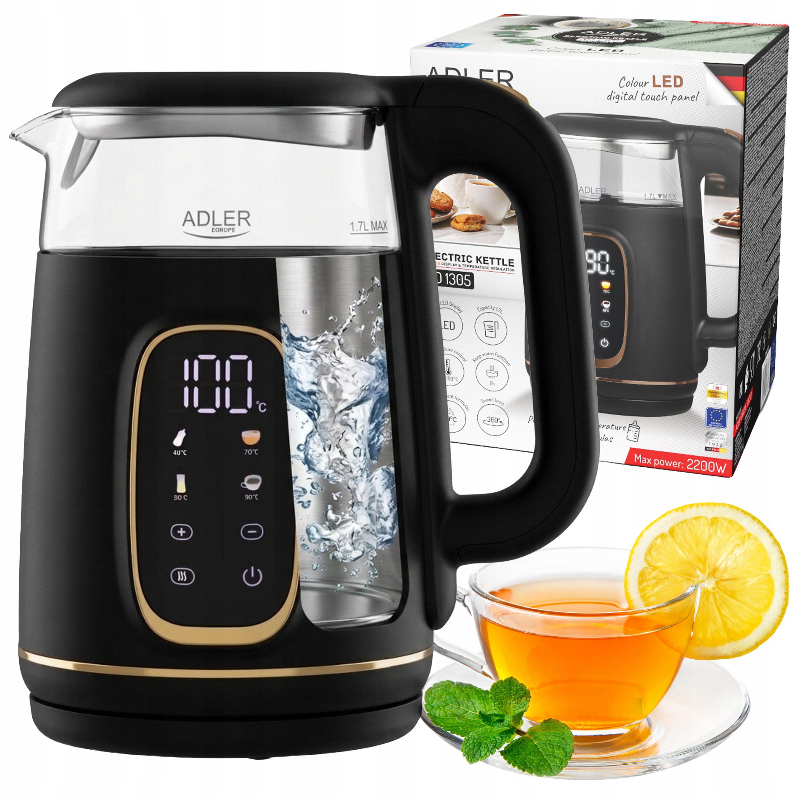 Czajnik Elektryczny 1.7L Bezprzewodowy 2200W Szklany Regulacja Temperatury