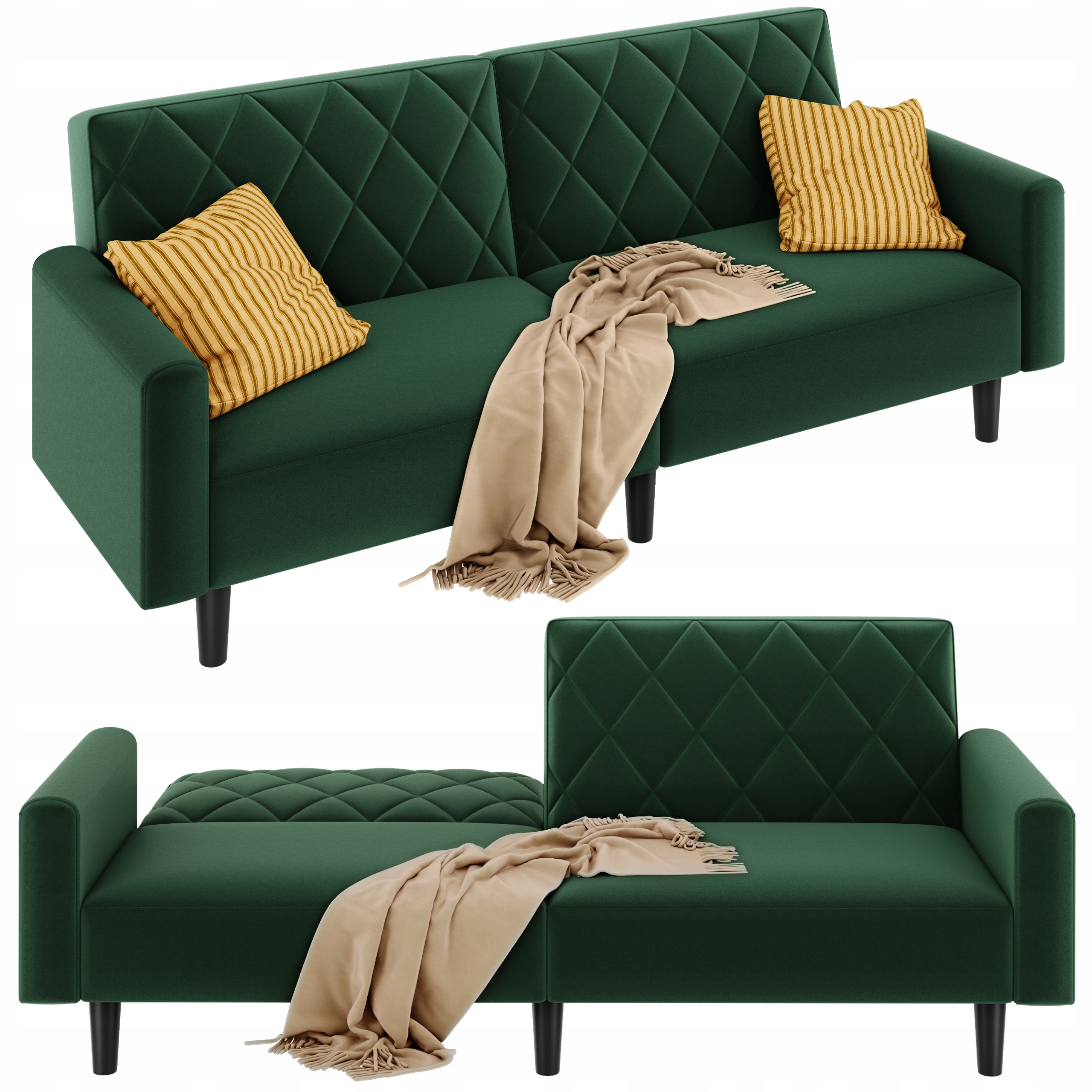 Sofa, Kanapa Rozkładana do Salonu, Biura, Kompaktowa, Aksamit, Zielona