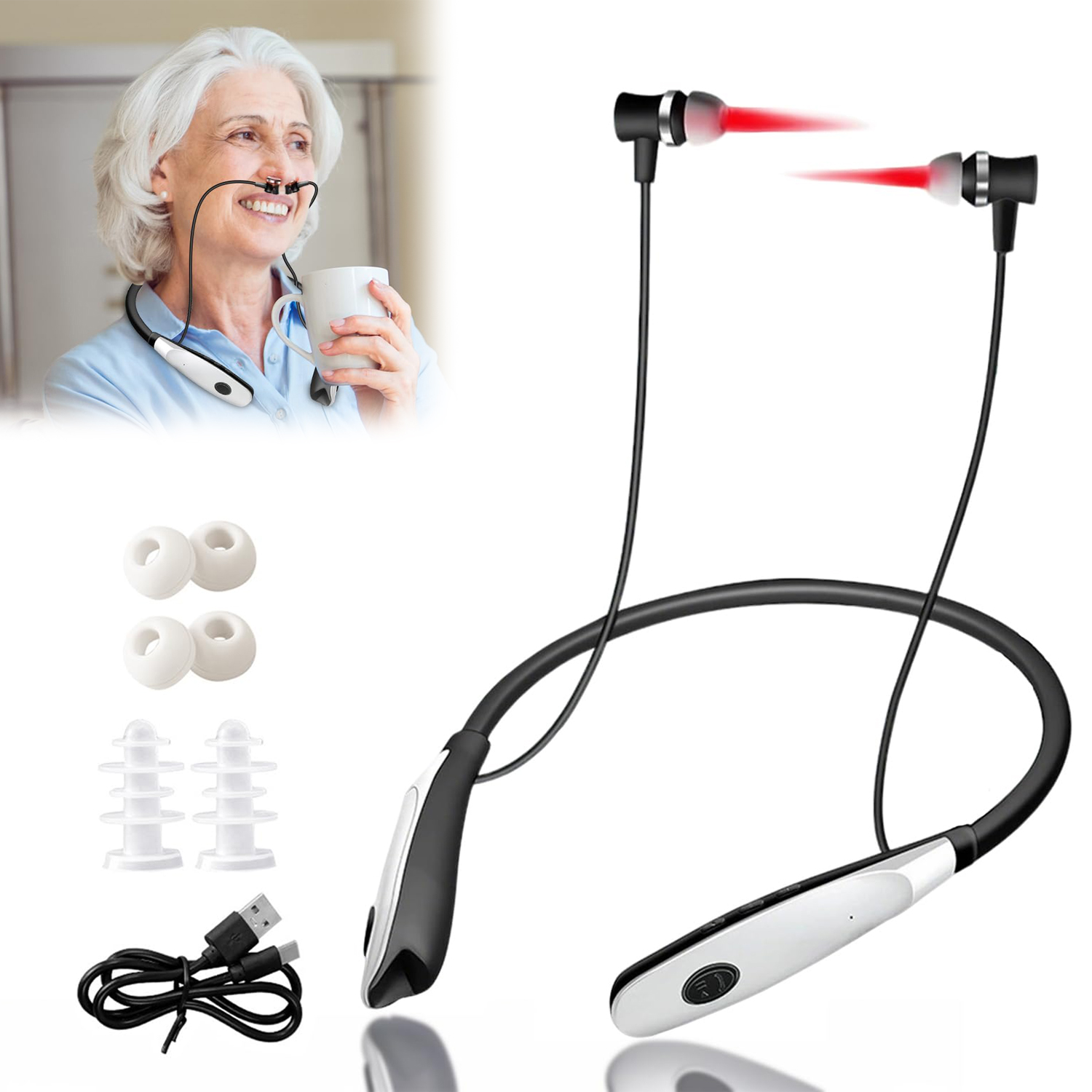 Špunty do uší zmírňující tinnitus, rýmu, červené světlo 650 nm