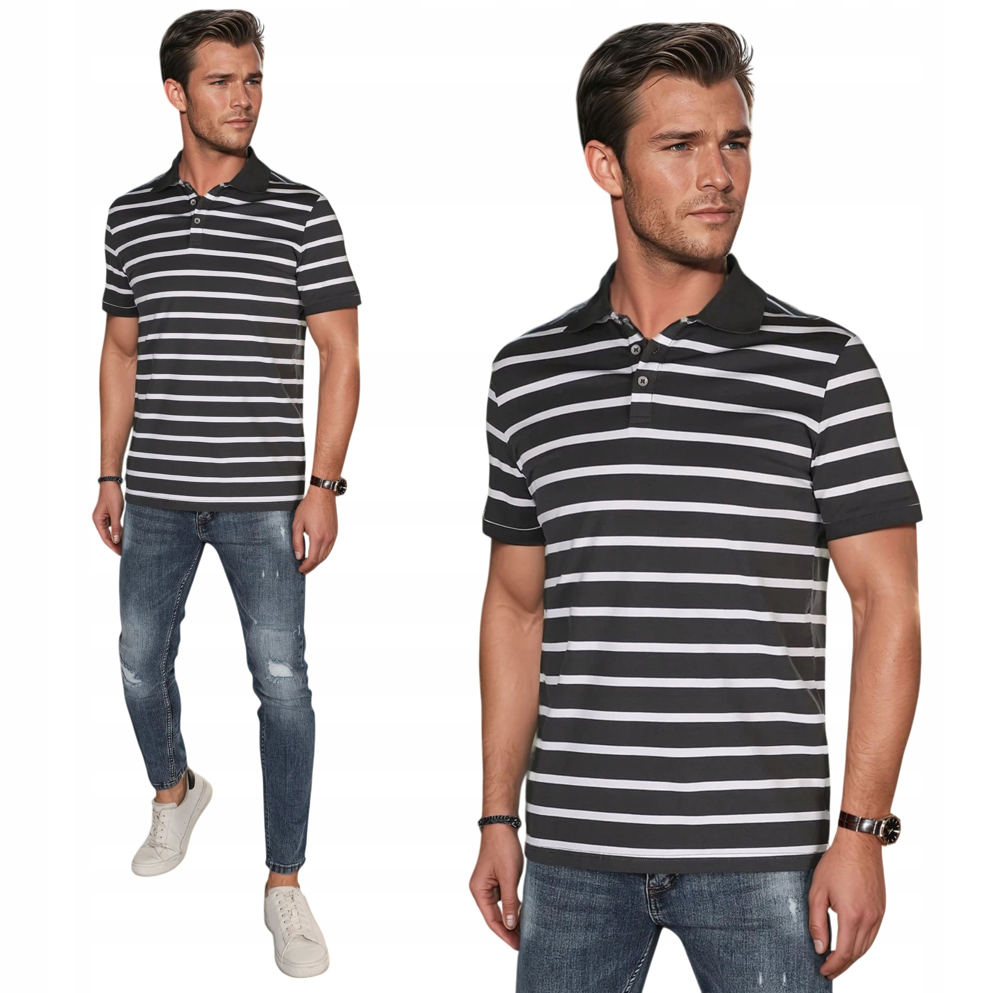 MĘSKA KOSZULKA POLO W PASKI GRAFITOWA PX0639 - L