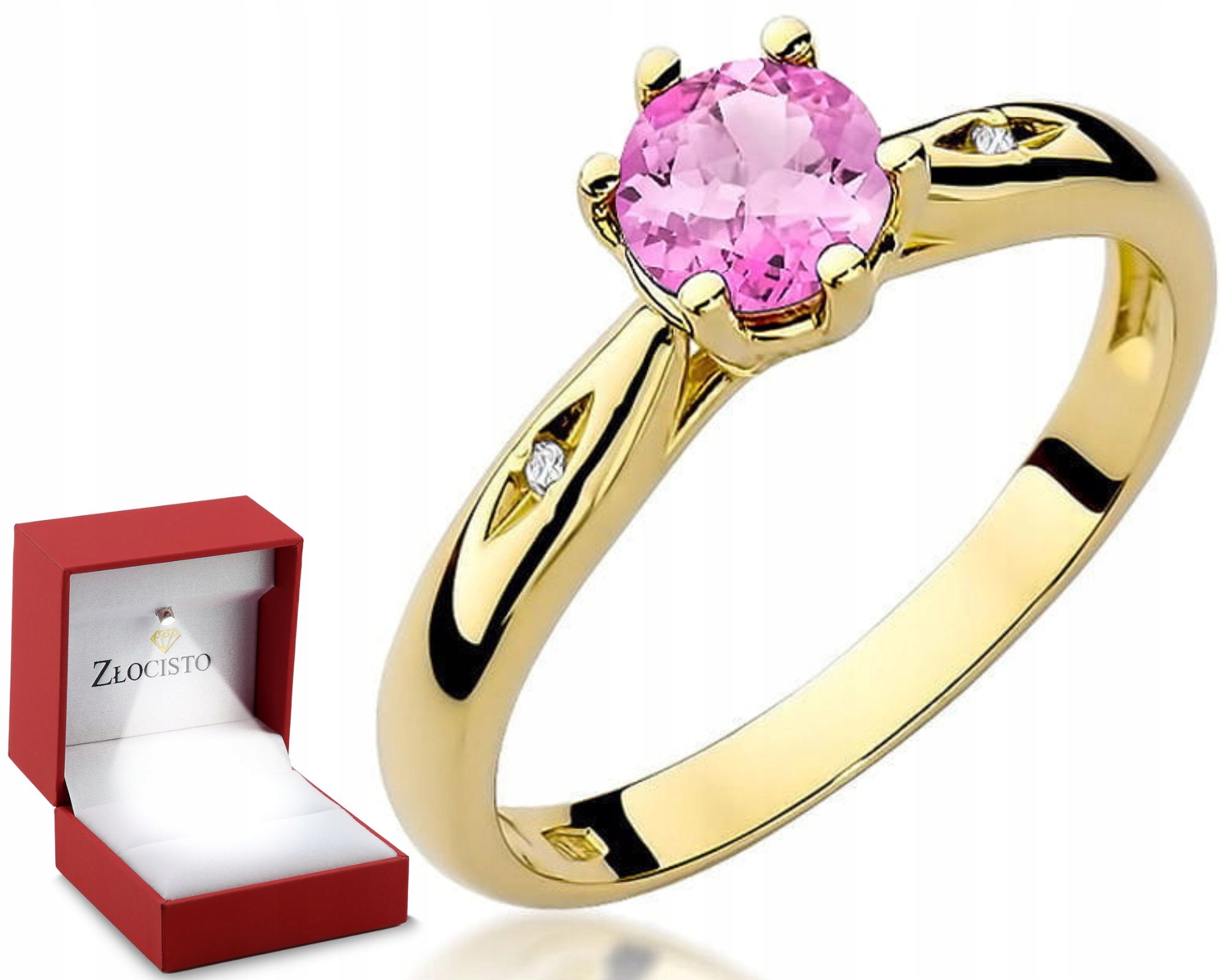 Zlatý Prstýnek Růžový Topaz Žluté Zlato Diamanty Gravírování 585 Dárek