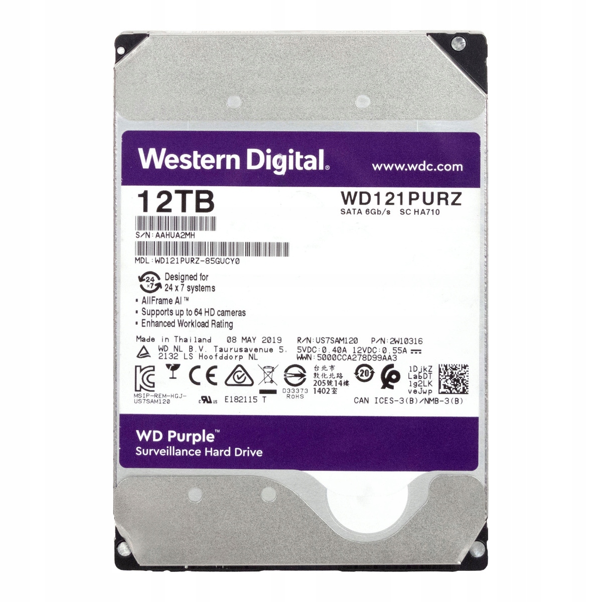 WD PURPLE 12TB 7.2K 256MB SATA III 3.5'' WD121PURZ SC HA710