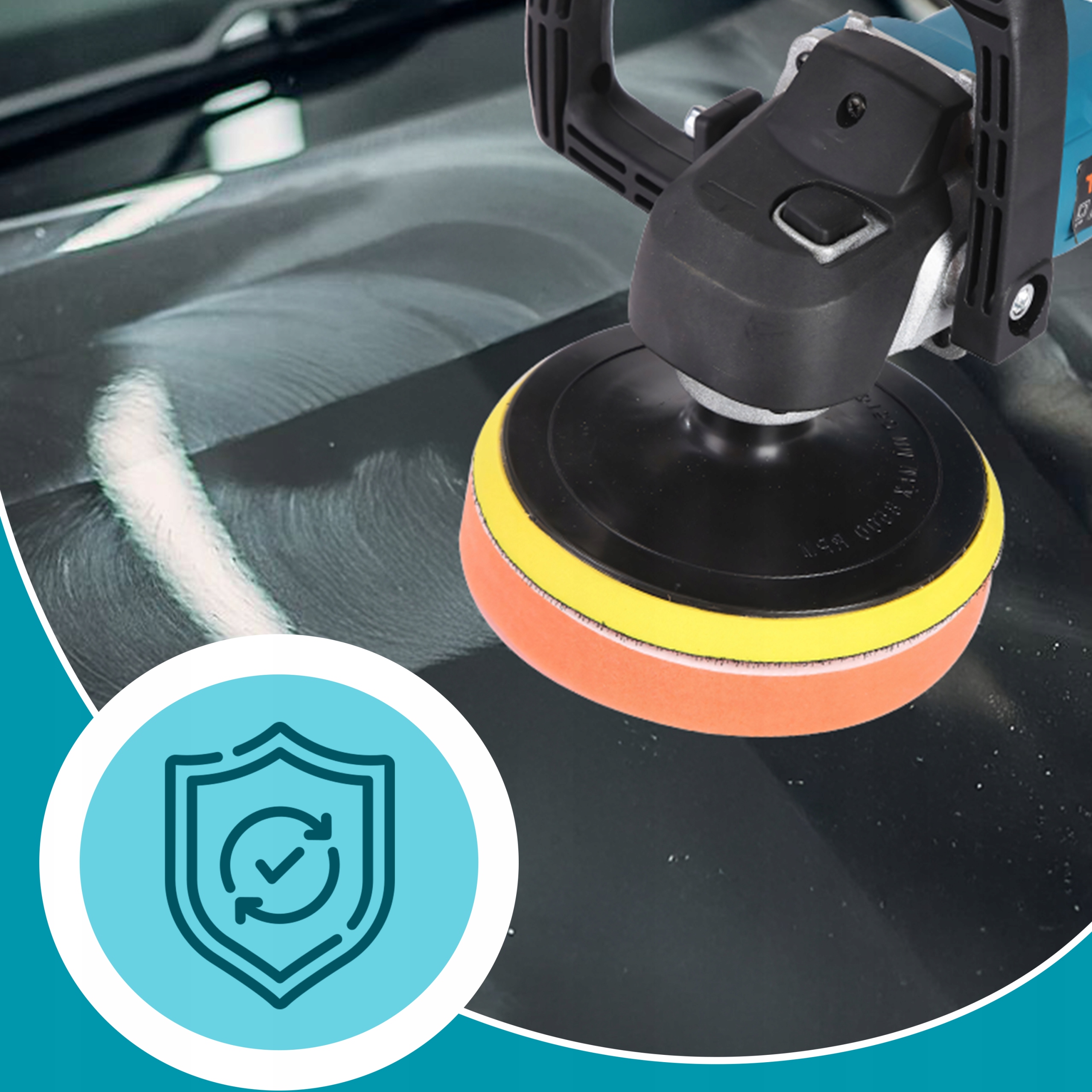 POLERKA SAMOCHODOWA Z REGULACJĄ OBROTÓW SZLIFIERKA ZESTAW GĄBEK FILC KLUCZ System mocowania materiału ściernego mocowanie na rzepy