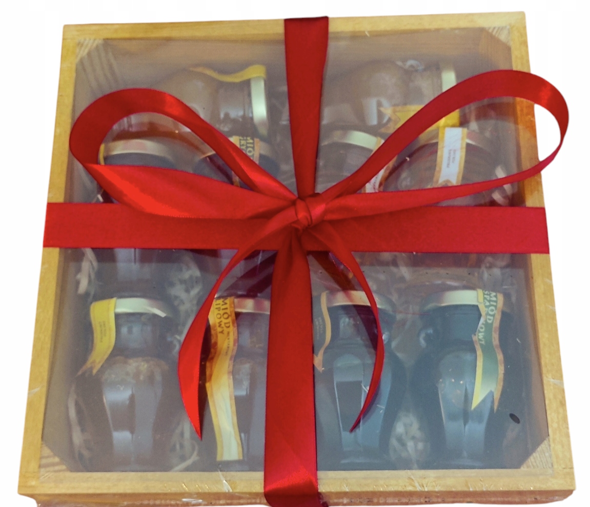 Drewniana Skrzynia 5 miodu zestaw prezentowy miód 1,4kg.