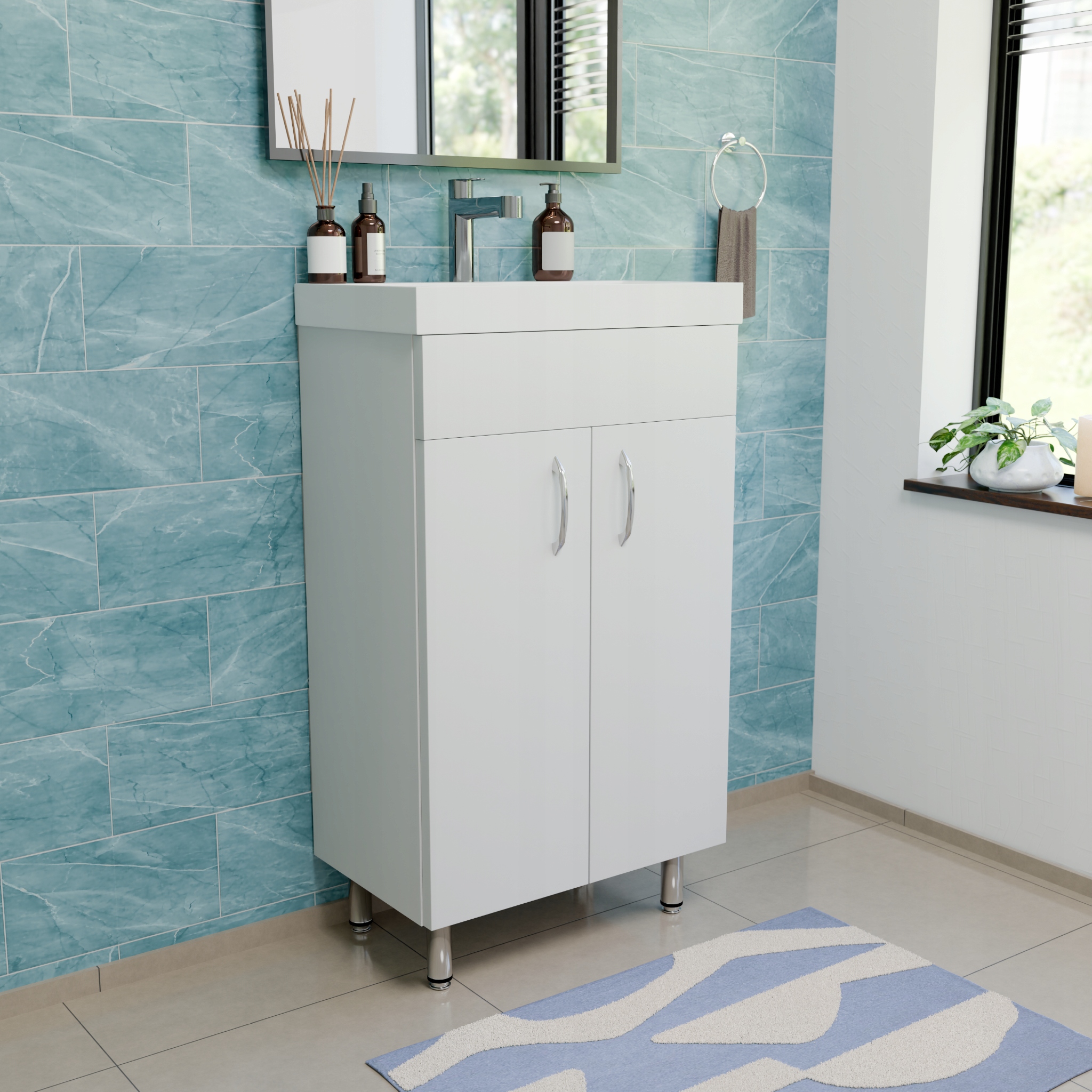 Zestaw łazienkowy Szafka z Umywalką stojący do małej łazienki Półka Domyk Szerokość mebla 46.4 cm