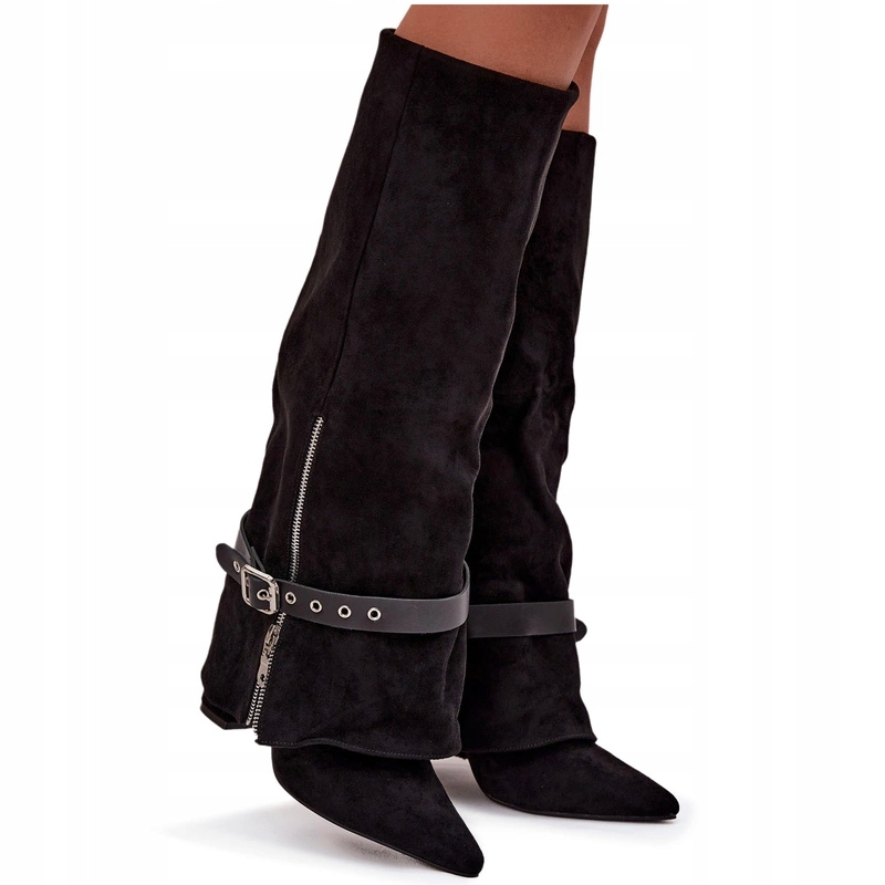 Dámské Nazouvací Kozačky Eko Semiš Podpatek Ozdobný Sloupek Pásek Zip Černé 41
