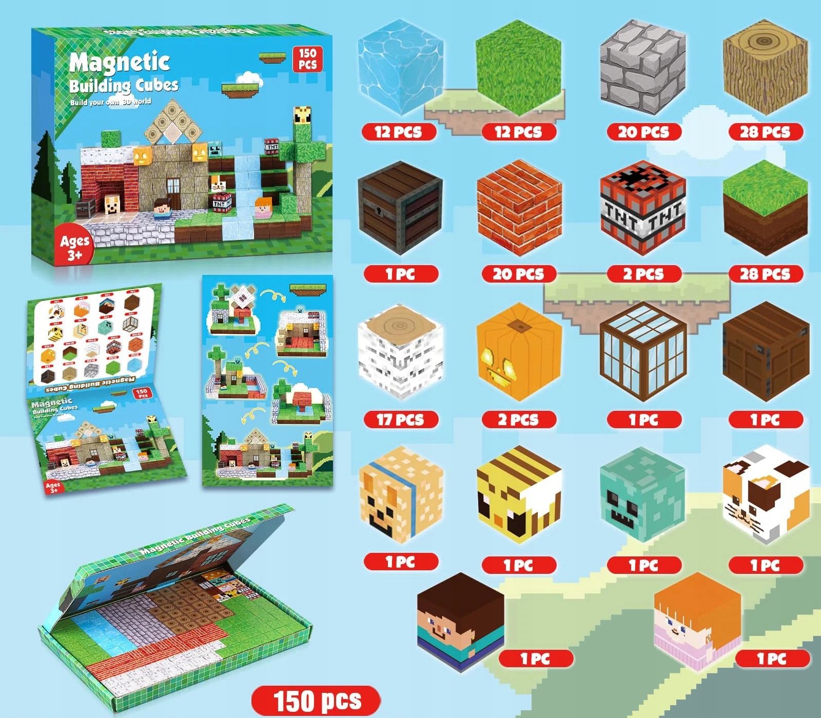 MAGNETINIŲ KALADĖLIŲ KUBELIŲ RINKINYS DOVANA VAIKAMS 150 vnt. Prekės ženklas be prekės ženklo