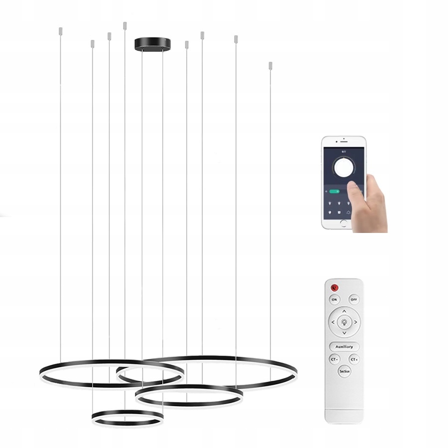 ПОДВЕСНОЙ СВЕТИЛЬНИК КОЛЬЦА ЧЕРНЫЙ 80 60 40 30 126W H300CM BLUETOOTH ДАРМАТ СВЕТ