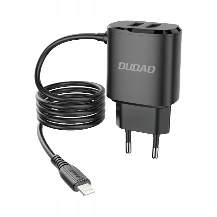 Ładowarka sieciowa 2x Usb z wbudowanym kablem do iPhone Lightning 12W czarn