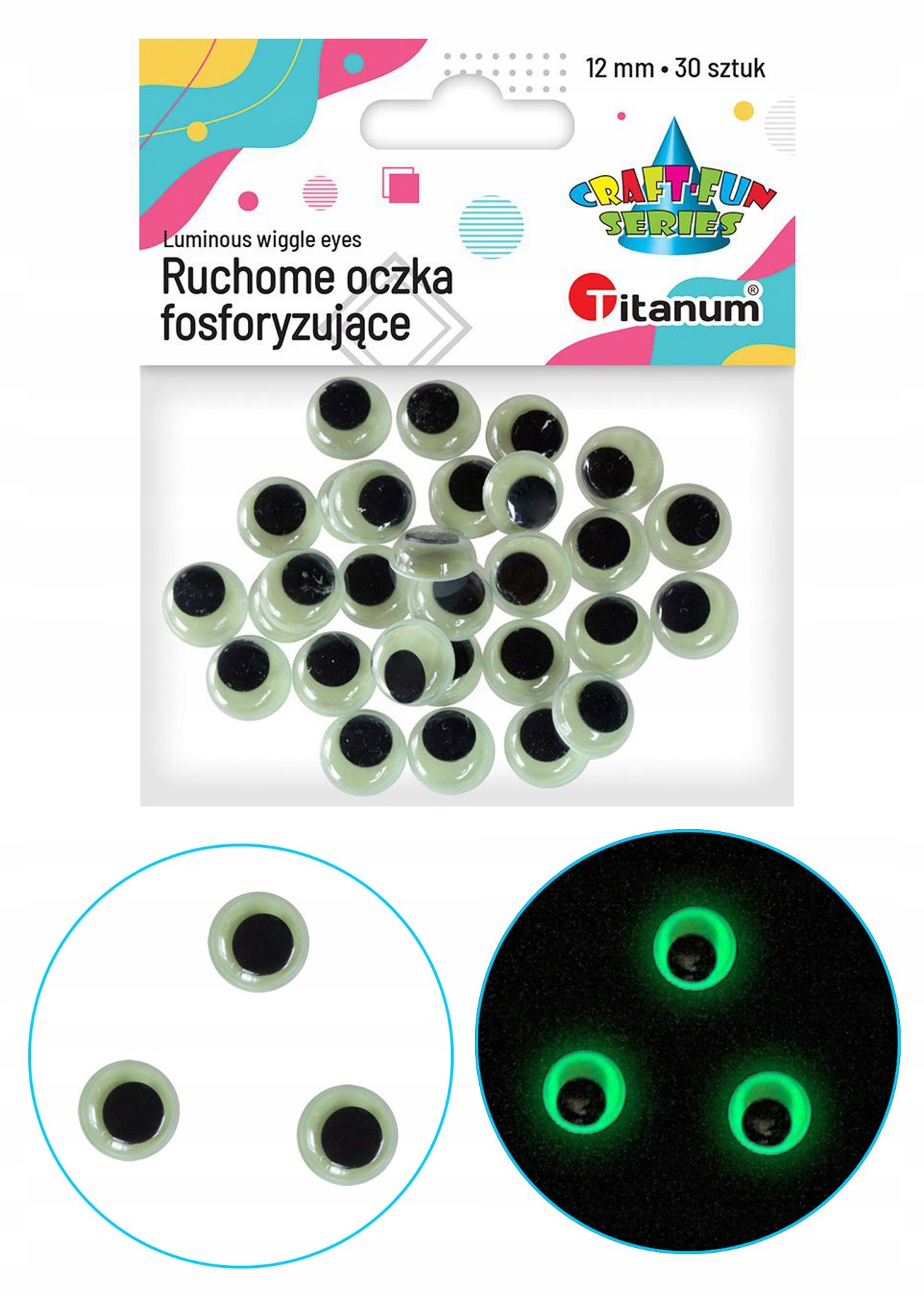 

Ruchome oczka fosforyzujące 12 mm 30 szt Titanum