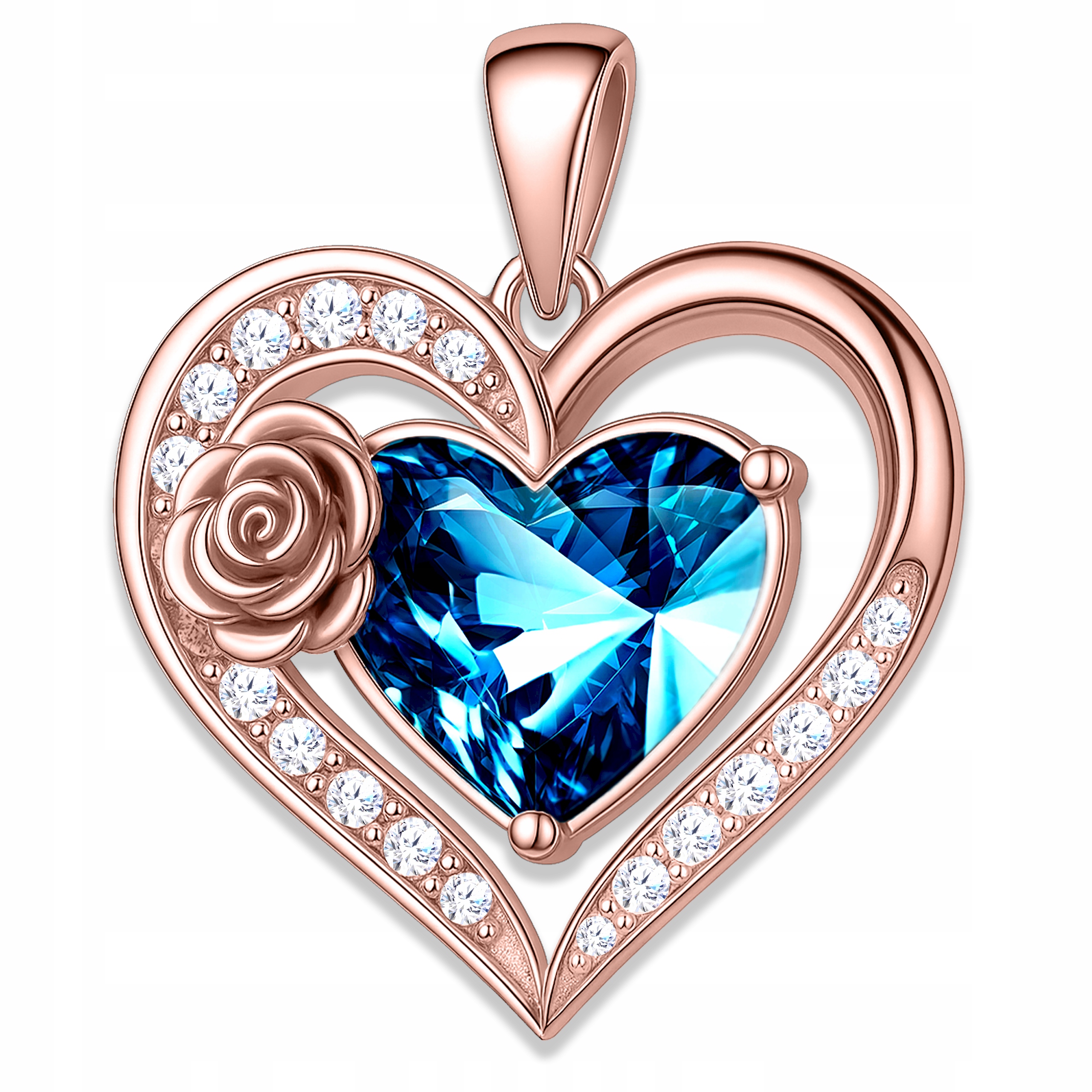 Přívěsek na řetízek Pozlacený Modré Křišťálové Srdce s růží Stříbro