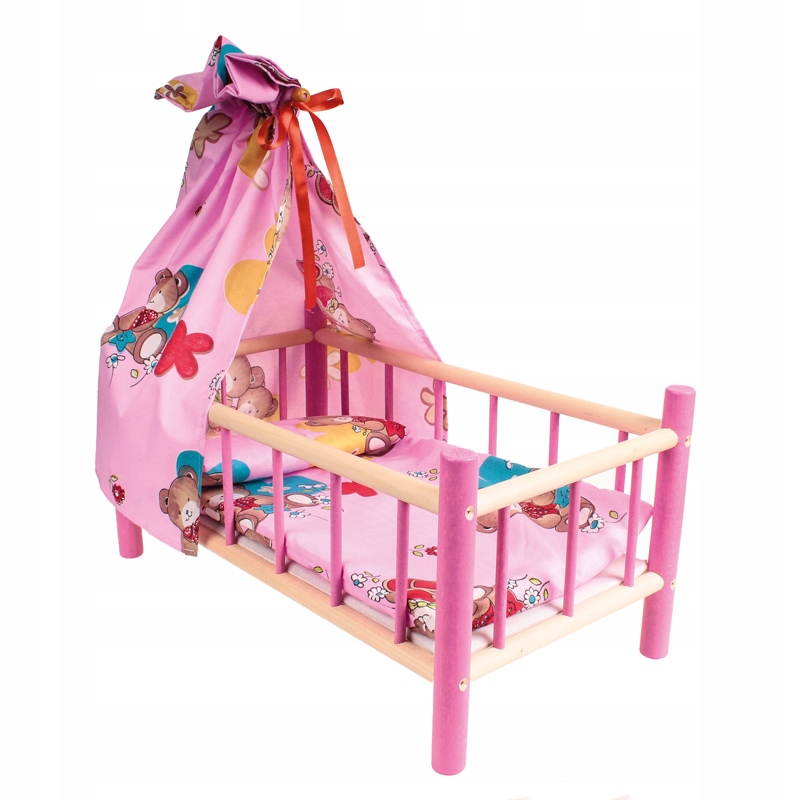 ŁÓŻECZKO DLA LALEK DREWNIANE Z BALDACHIMEM