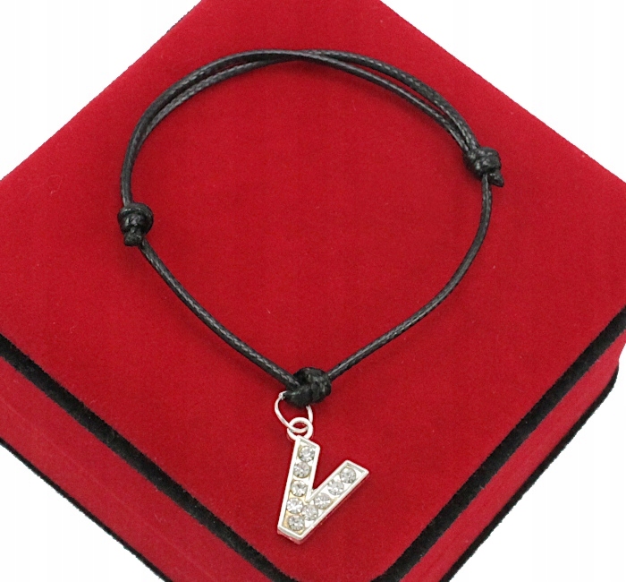 

Bransoletka Czarna Regulowana Srebrna Litera V