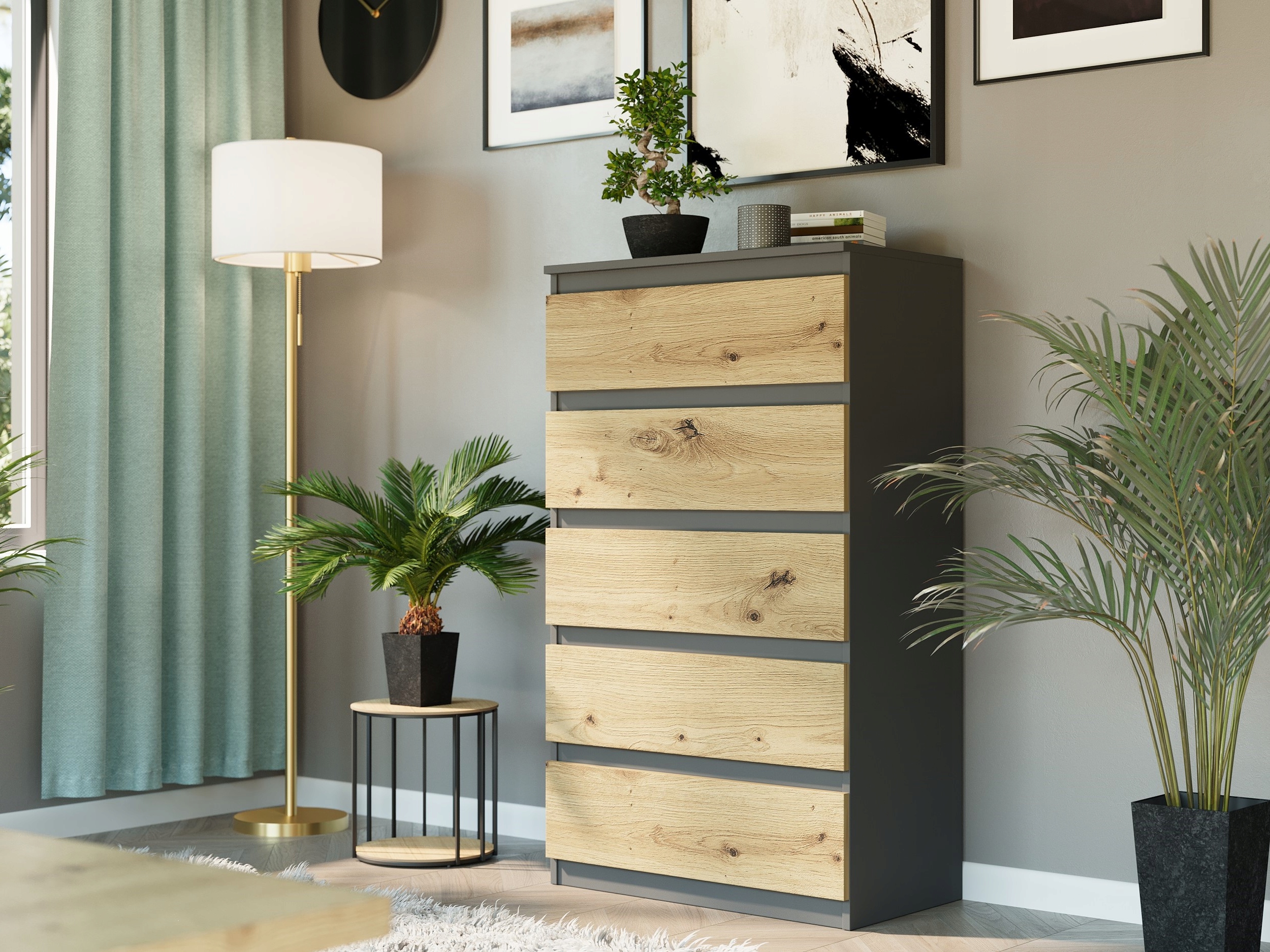 DUŻA KOMODA 5 SZUFLAD SZAFKA POLSKIE MEBLE R-5 ANTRACYT MIX ARTISAN