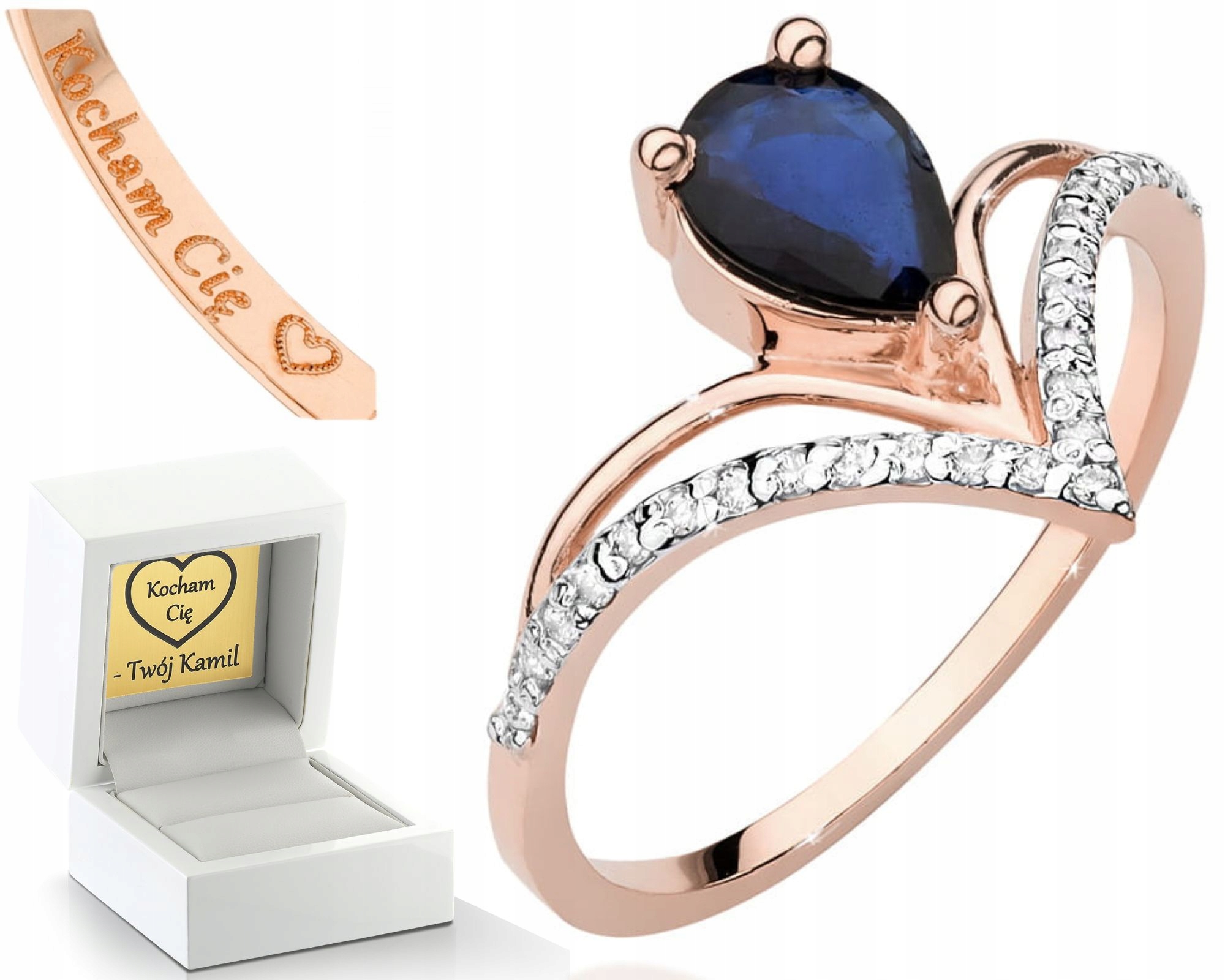 Růžové Zlato Prstýnek Se Safírem A Brilianty