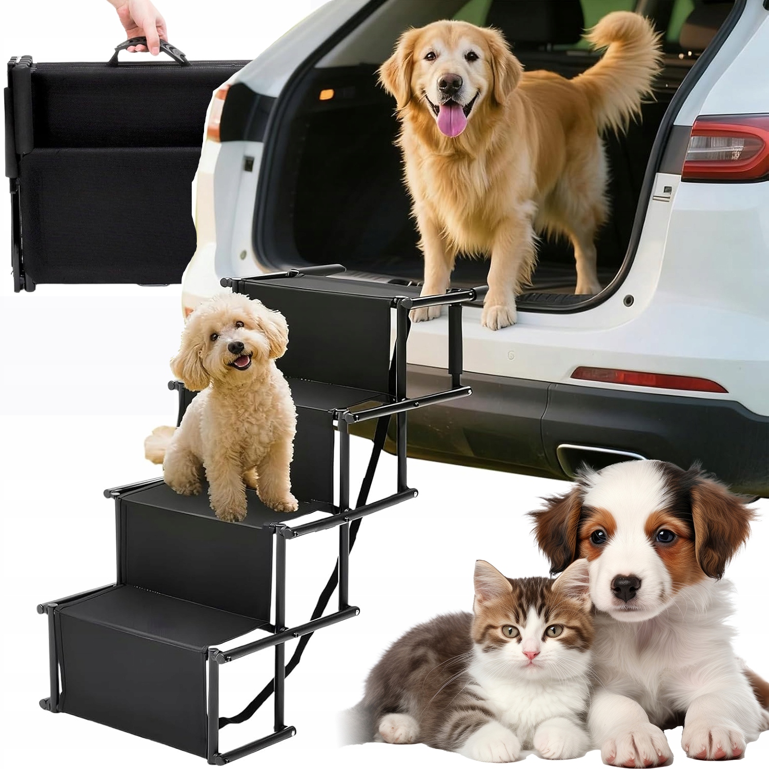 Levně Schody Pro Psa Do Auta, Skládací Rampa Pro Zvířata, Černá, 4-PATROVÁ