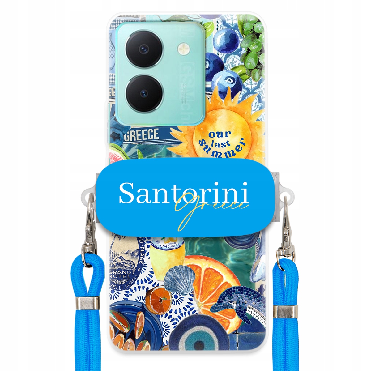 Puzdro pre Vivo Y78 Modré Crossbody vodítko držiak Santorini Greece Sea