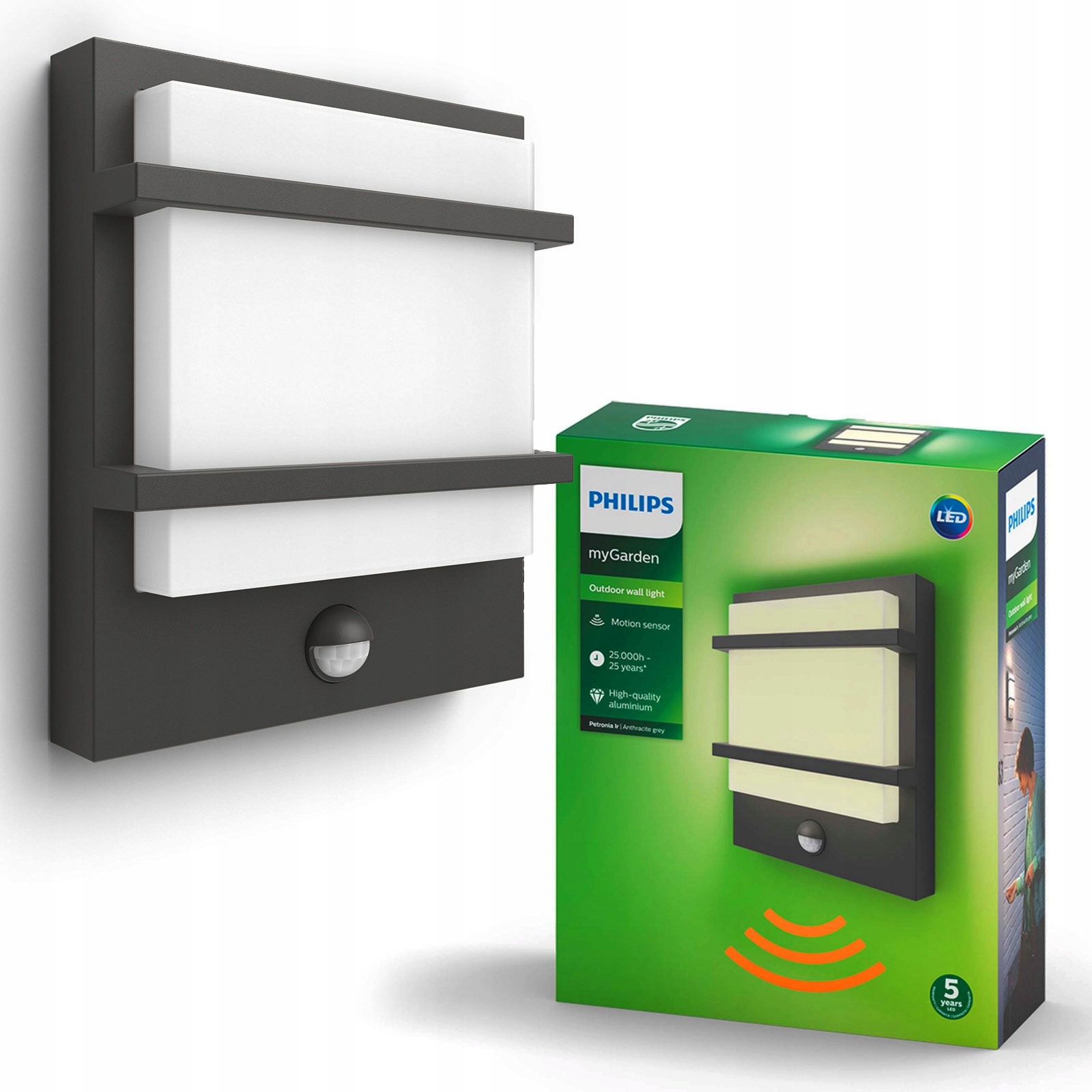Záhradné nástenné svietidlo Vonkajšia Led lampa 12W Snímač pohybu súmraku Philips