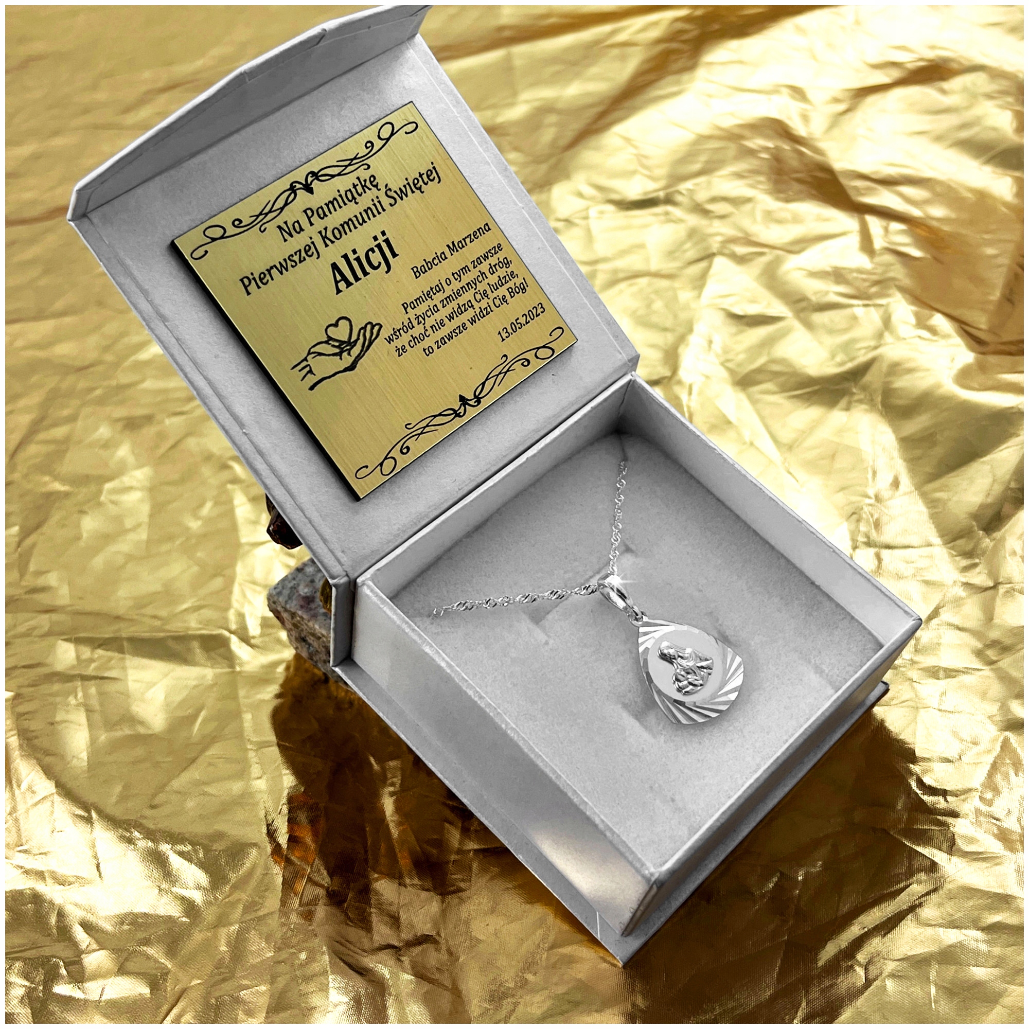 SREBRNY ŁAŃCUSZEK + MEDALIK 925 PREZENT DLA DZIEWCZYNKI NA KOMUNIĘ + GRAWER Kolor srebrny