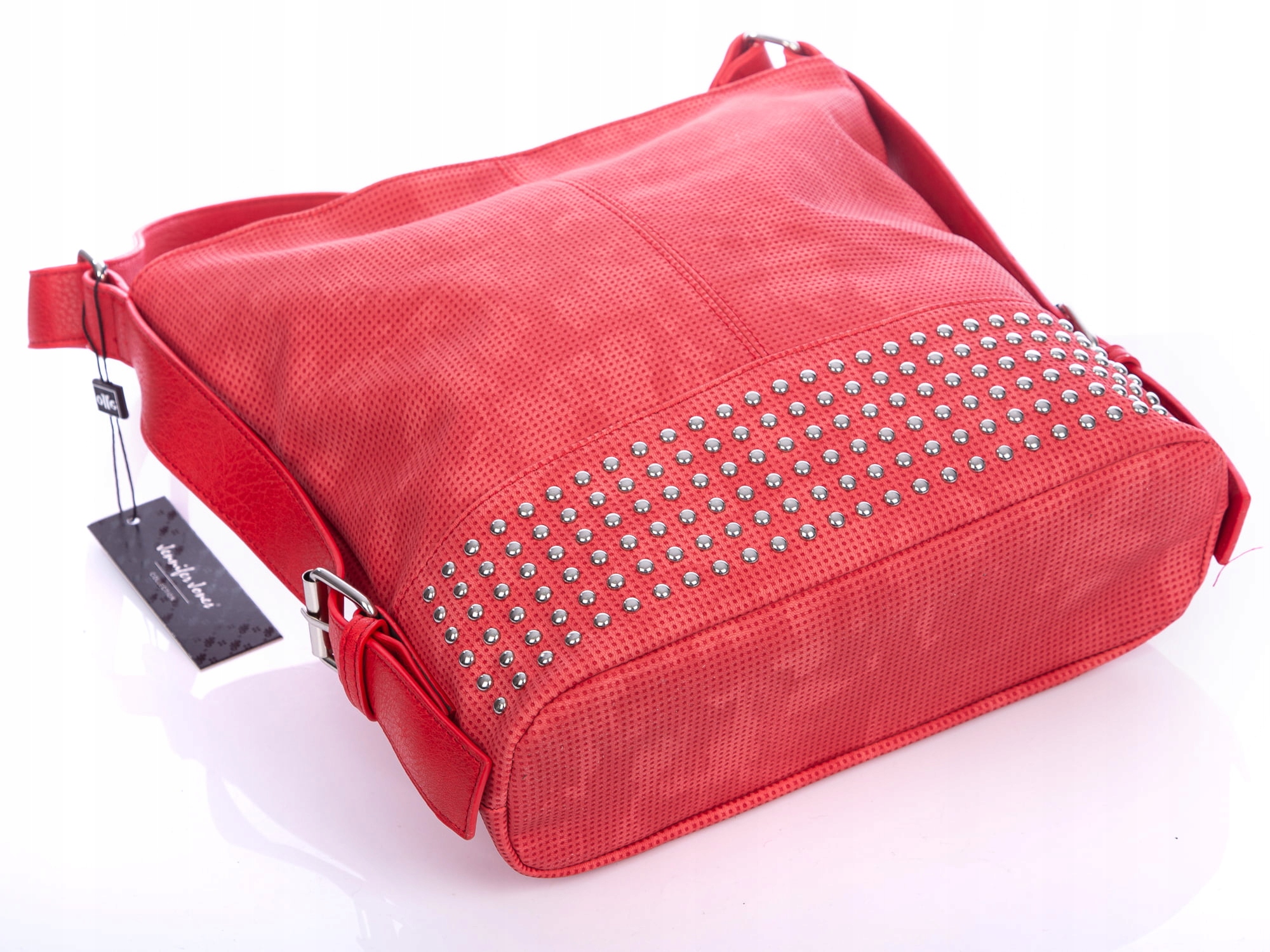 Czerwona torba torebka damska na ramię z ćwiekami Kolor okuć srebrny