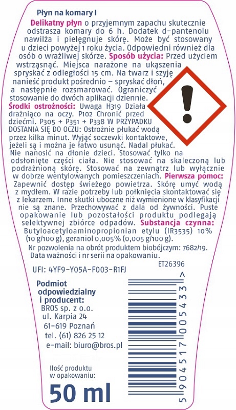 Bros płyn na KOMARY dla dzieci od 1 roku życia Stan opakowania oryginalne