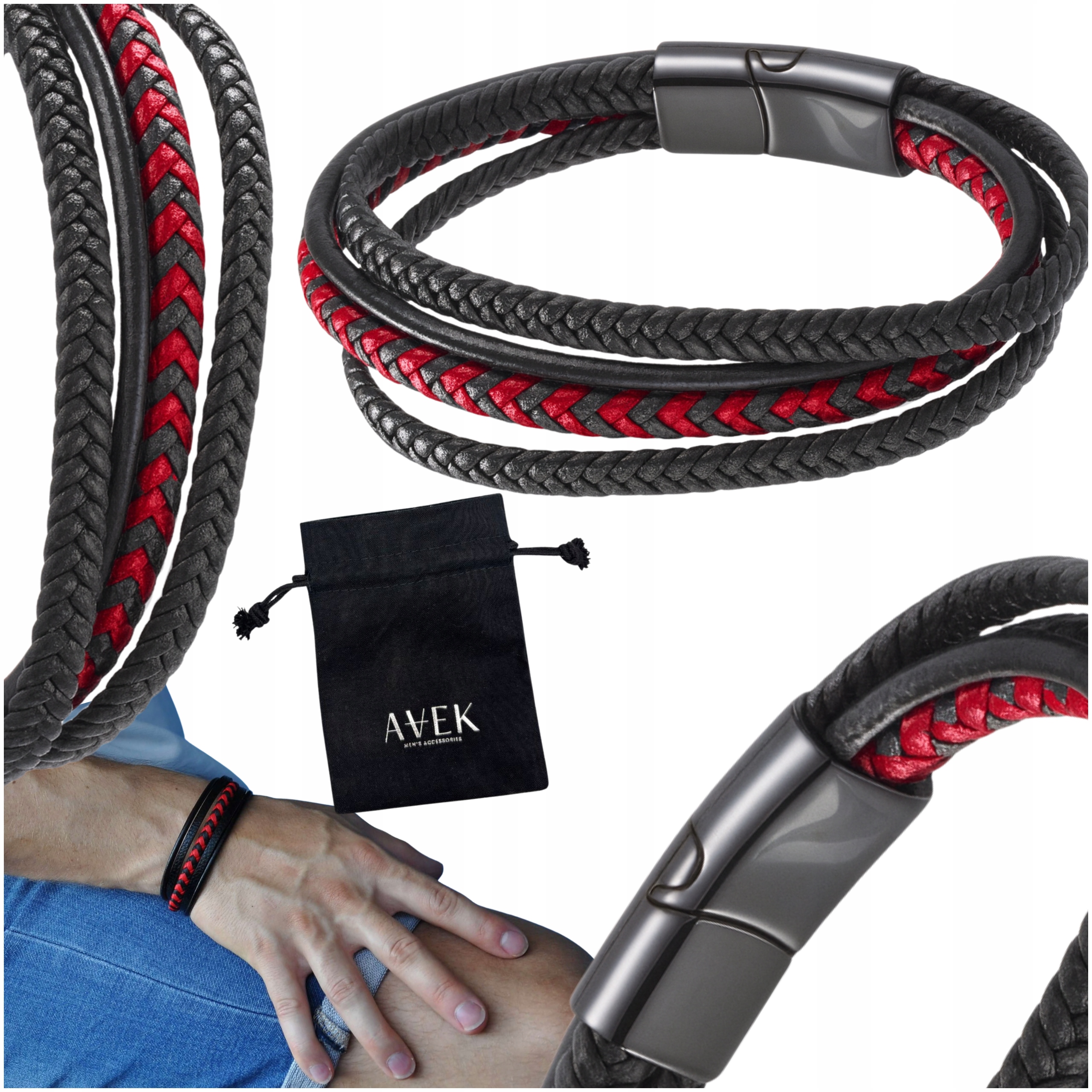 Pánský Náramek Z Černé Červené Kůže Vyrobený Z Ocel Jako Dárek 23 CM