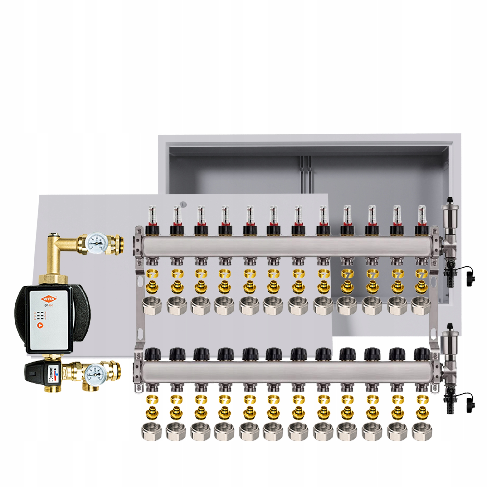 Rozdělovač pro podlahovku 12 okruhů s čerpadlem Wita podomítková skříňka +pex