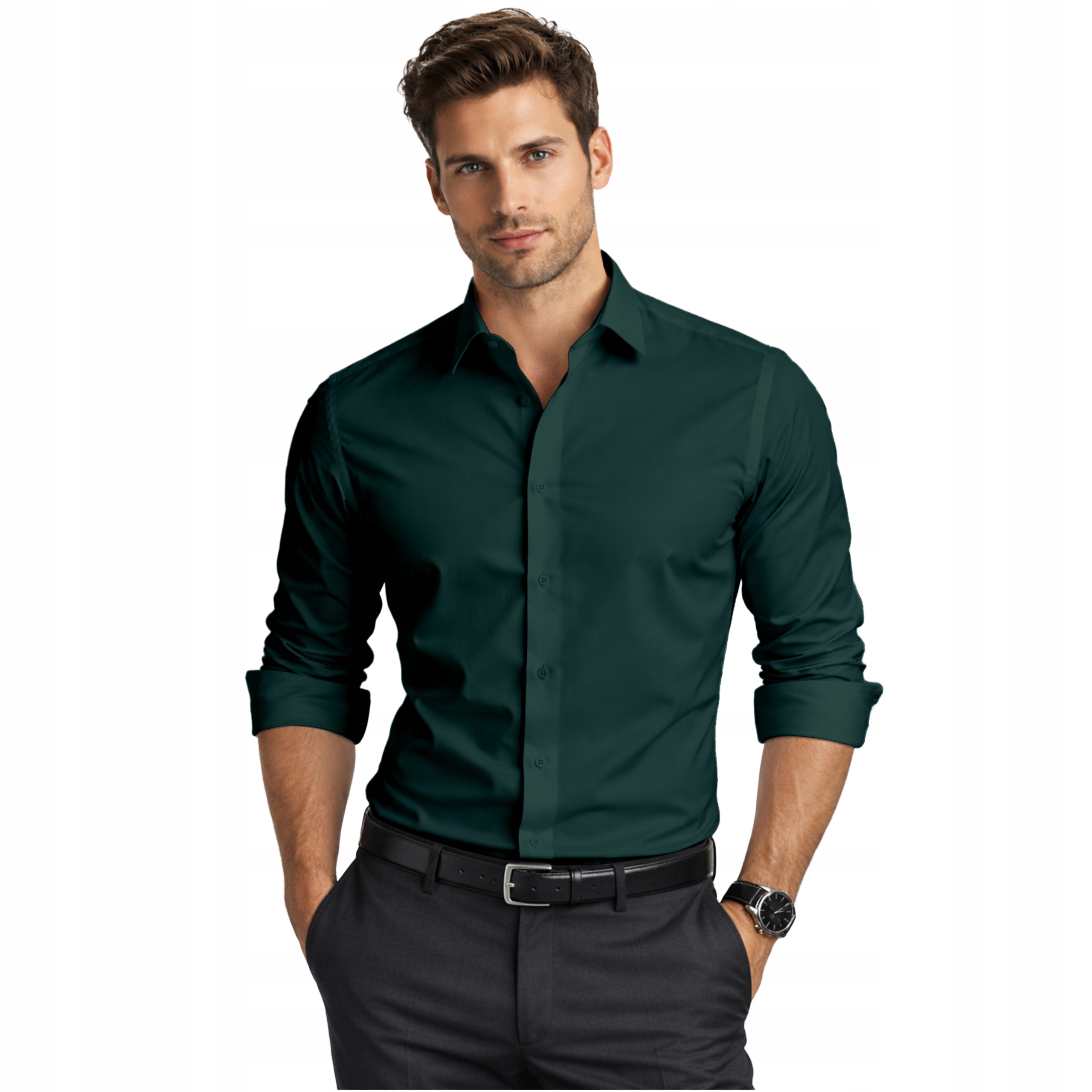 Koszula męska Espada Slim Fit zielona gładka z elastanem długi rękaw XL-43