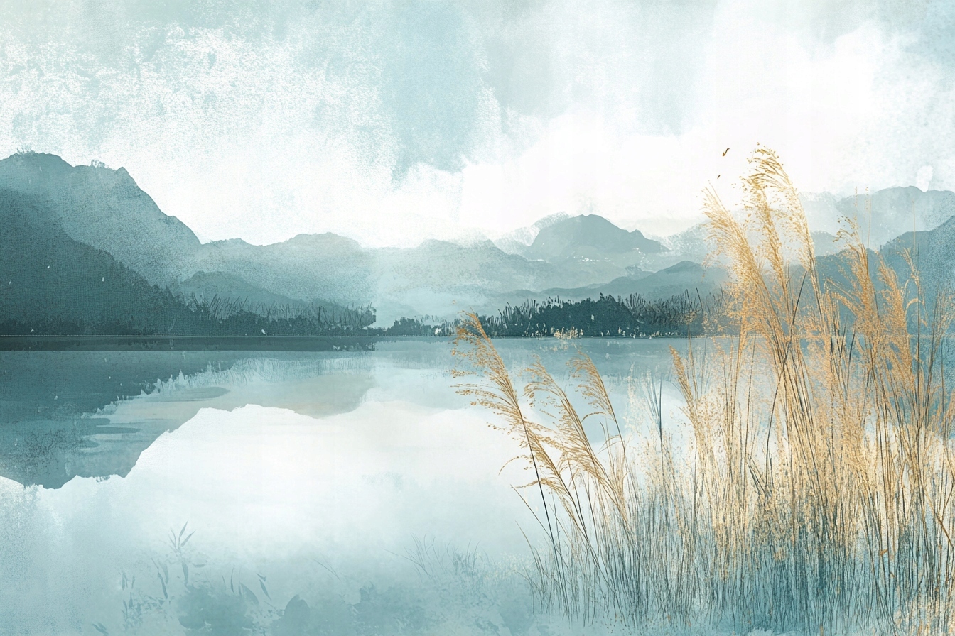 Obraz Na Plátně Canvas Krajina Hory Jezero Třtina Mlha 120x80
