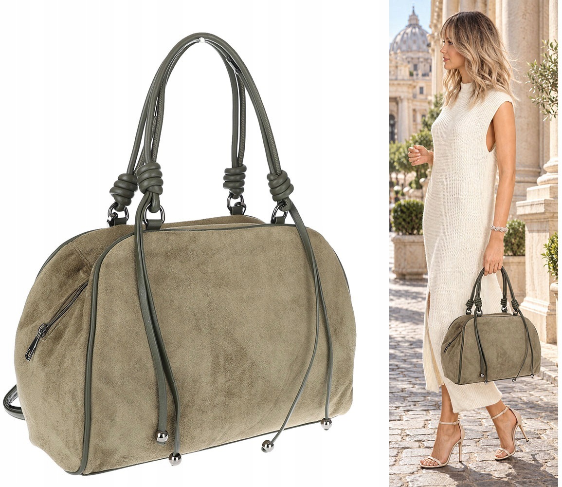 Dámská shopper kabelka prostorná, módní semišová taška kufřík D715 Zelená