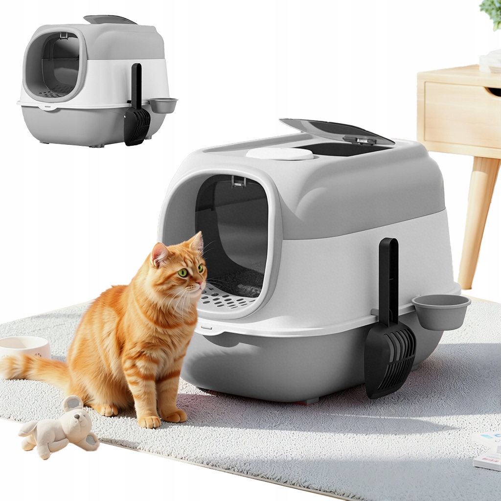 Velká uzavřená toaleta pro kočky s lopatkou a mísou, šedá, toaleta 51x38 cm