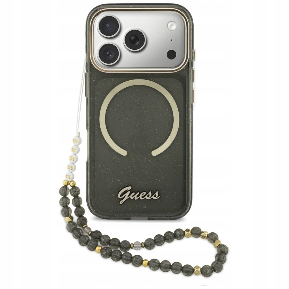 Pouzdro Guess IML Glitters Script Strap MagSafe pro iPhone 17 Pro, černé