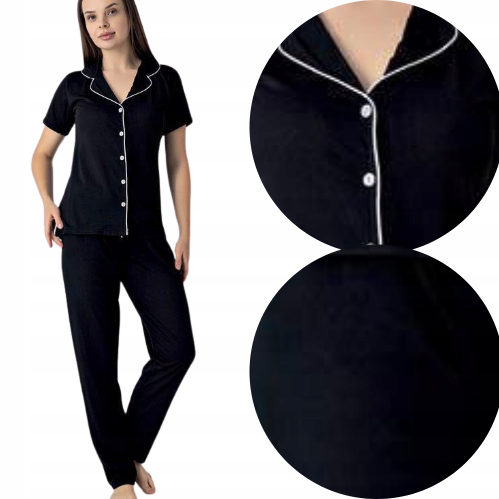 Piżama Damska Bawełniane Dwuczęściowa Rozpinana Krótki Rękaw Długie Spodnie