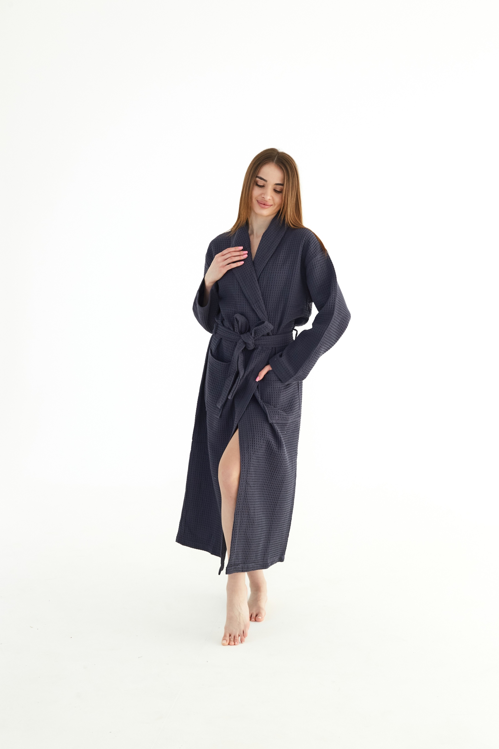 Dlouhý Grafitový Župan Župan Tenký Unisex Kapsa 100% Bavlna M