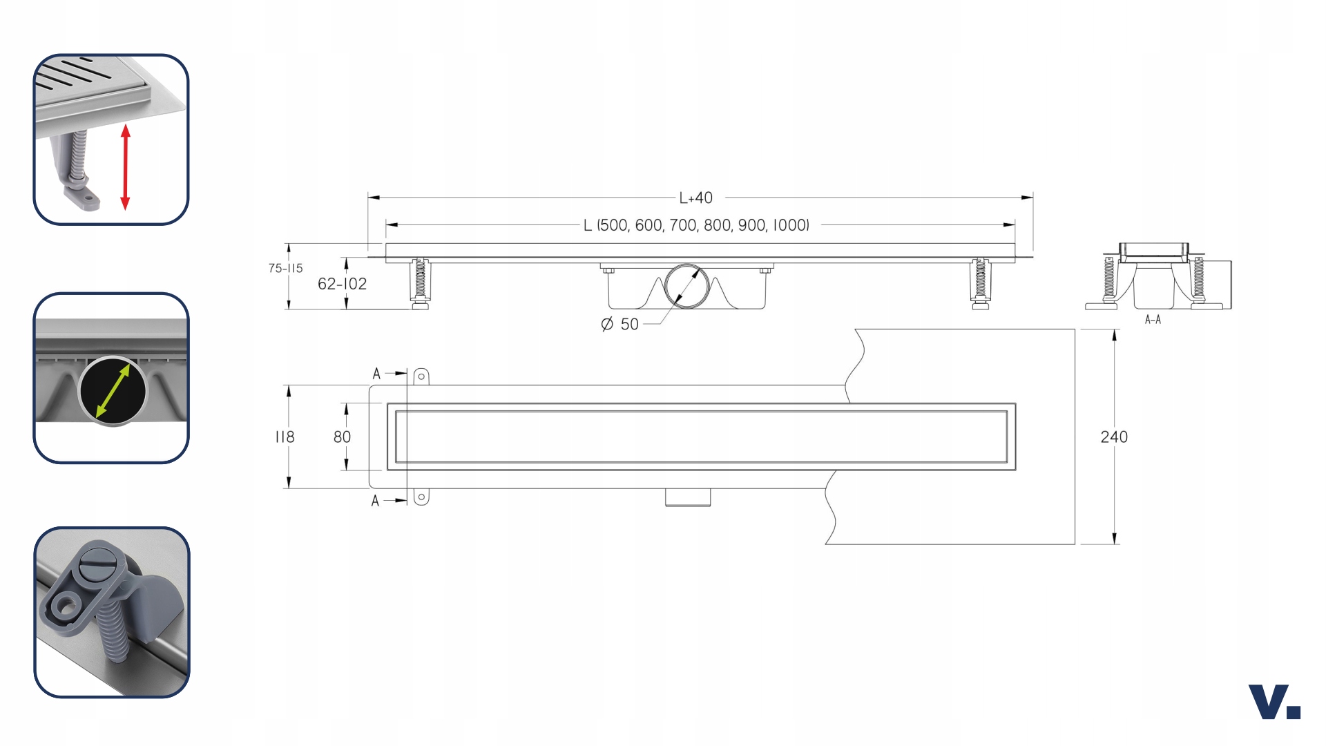 Odpływ liniowy VOGI RIGO ruszt PASKI - 80 cm Kod producenta Odpływ liniowy RIGO 80
