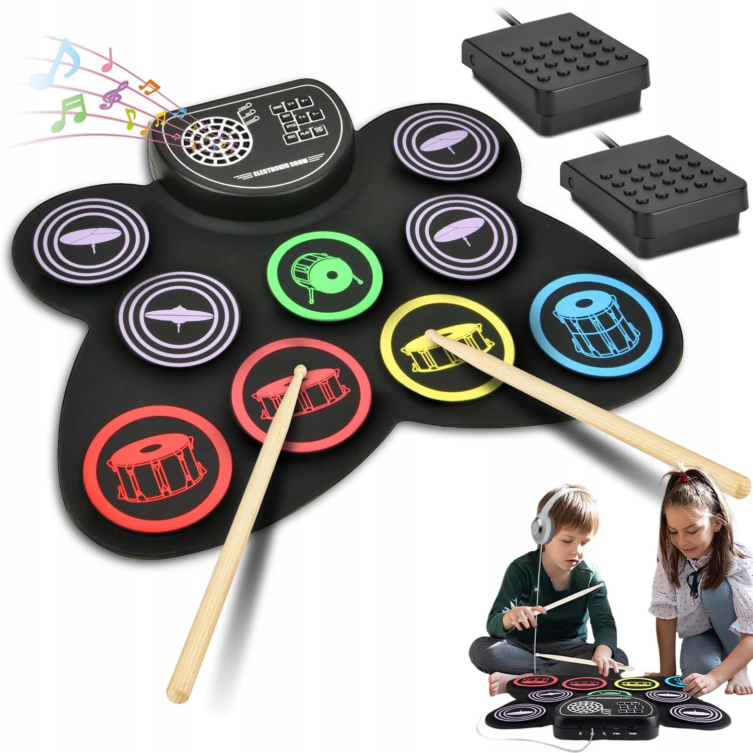Roll Up Drum Pad Elektronické Bicí Skládací Pedály Paličky Sada