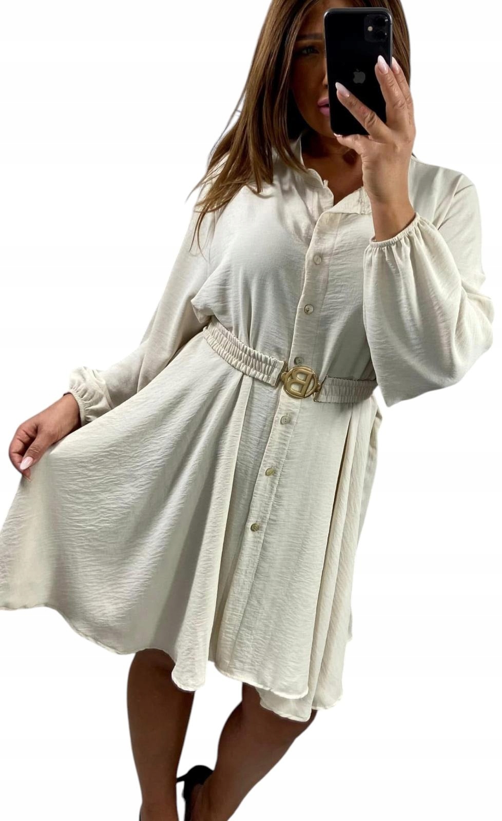 V986 Šaty Košilové S Páskem Béžové vel. 60 (10XL)