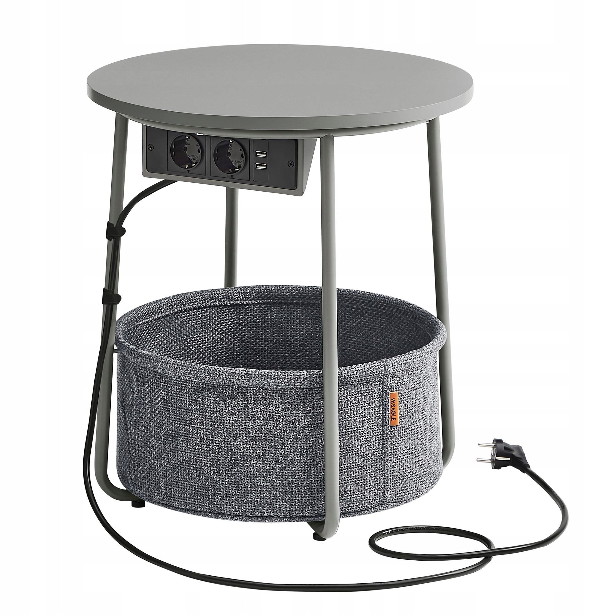 Okrúhla šedá malá lavica konferenčný stolík s novinovým stolíkom a napájacou lištou