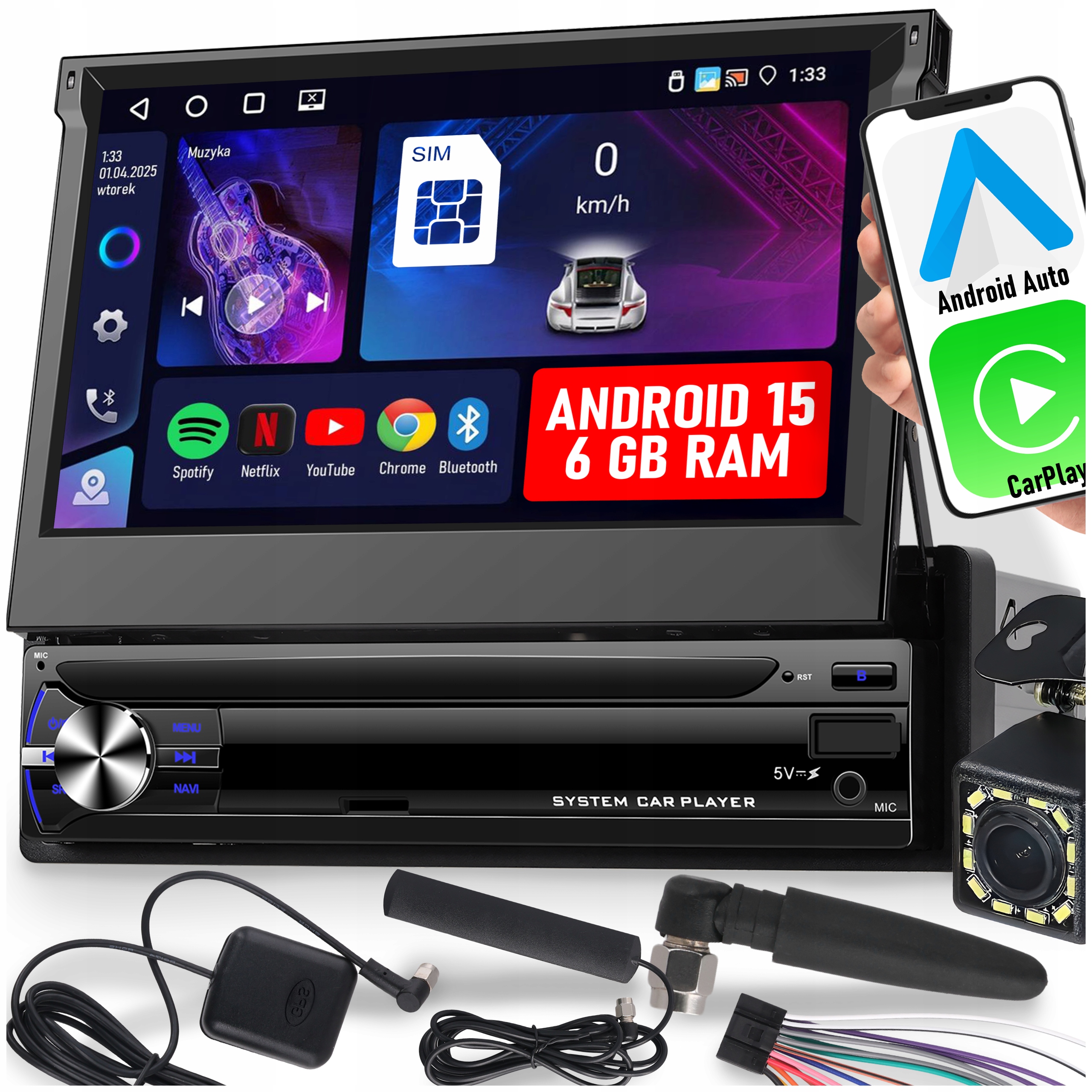 Autorádio 1DIN 7'' Carplay Android Wifi Rds Výsuvný 4G Lte Displej